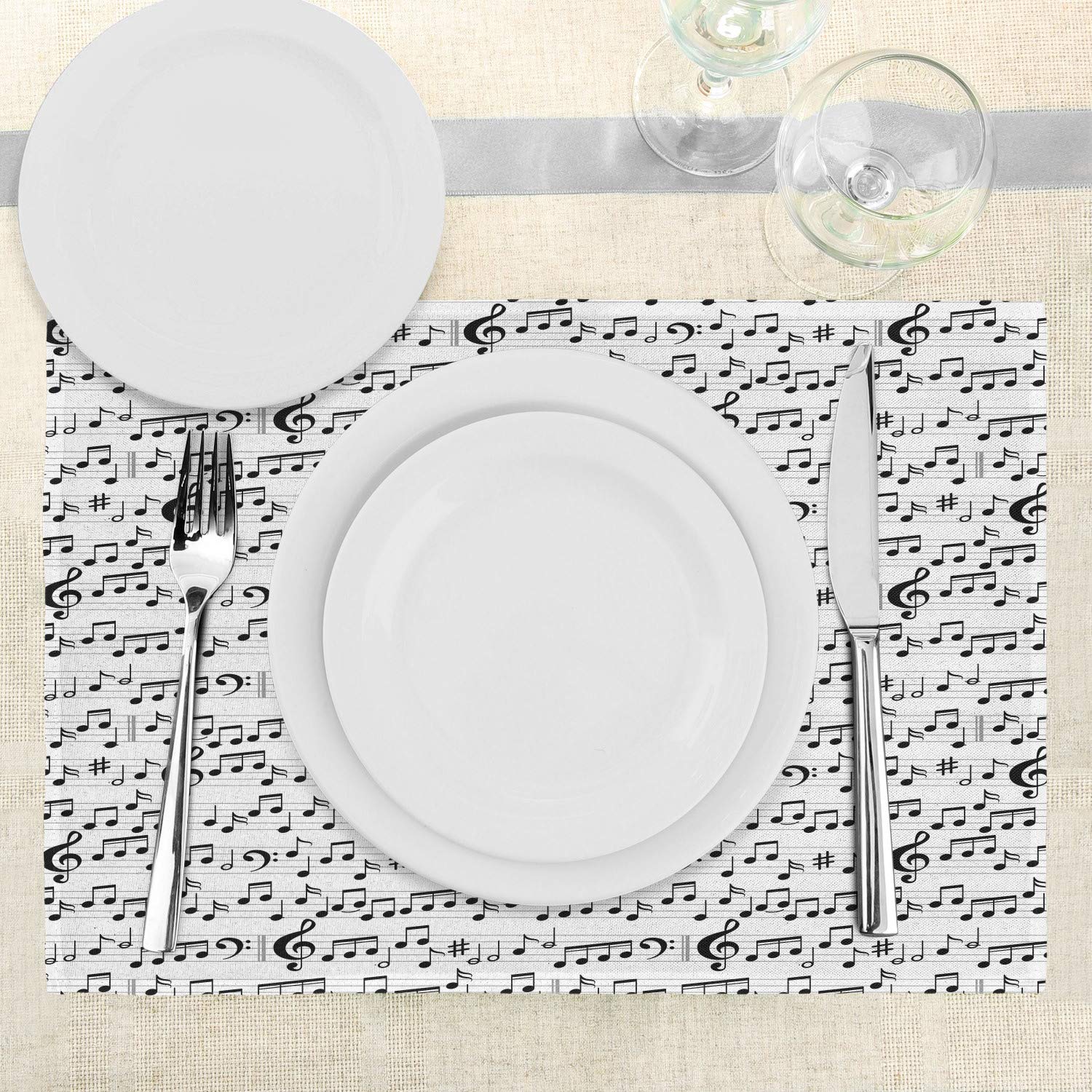 Ambesonne Music Themed Place Mats Set of 4 - Abstract Musical Notes & Clef Design Washable Fabric Table Mats for Dining Room & Kitchen Decor (Black & White) | Perfect for Music Lovers, Dinner Parties & Themed Home Decor