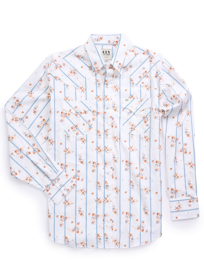 Ely Cattleman Men's Western Floral Print Snap Button Shirt - White Cowboy Style Shirt for Rodeo, Country Music Festivals & Casual Wear