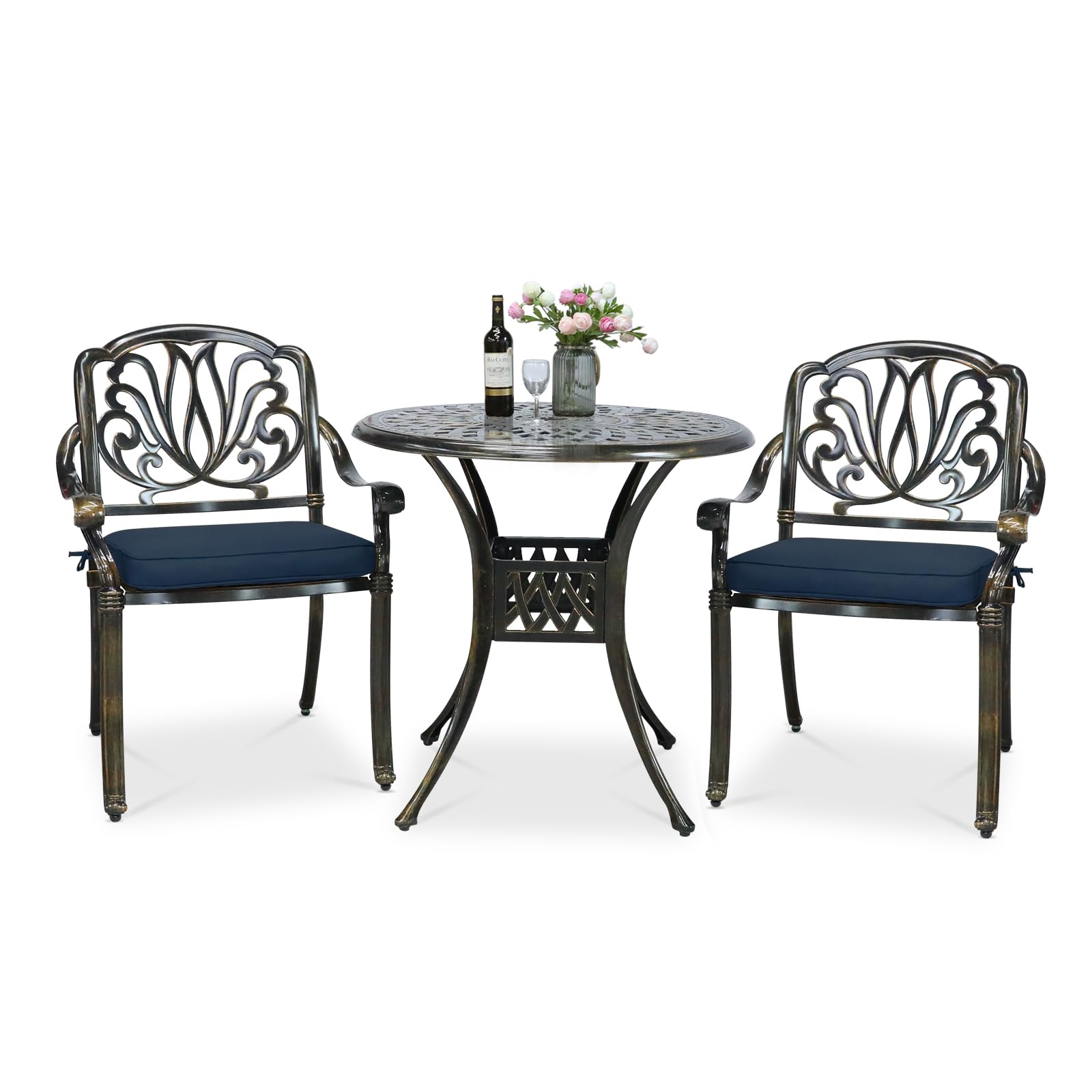 VIVIJASON 3-Piece Outdoor Dining Set - All-Weather Cast Aluminum Patio Bistro Set with 2 Chairs, 2 Navy Blue Cushions & 31