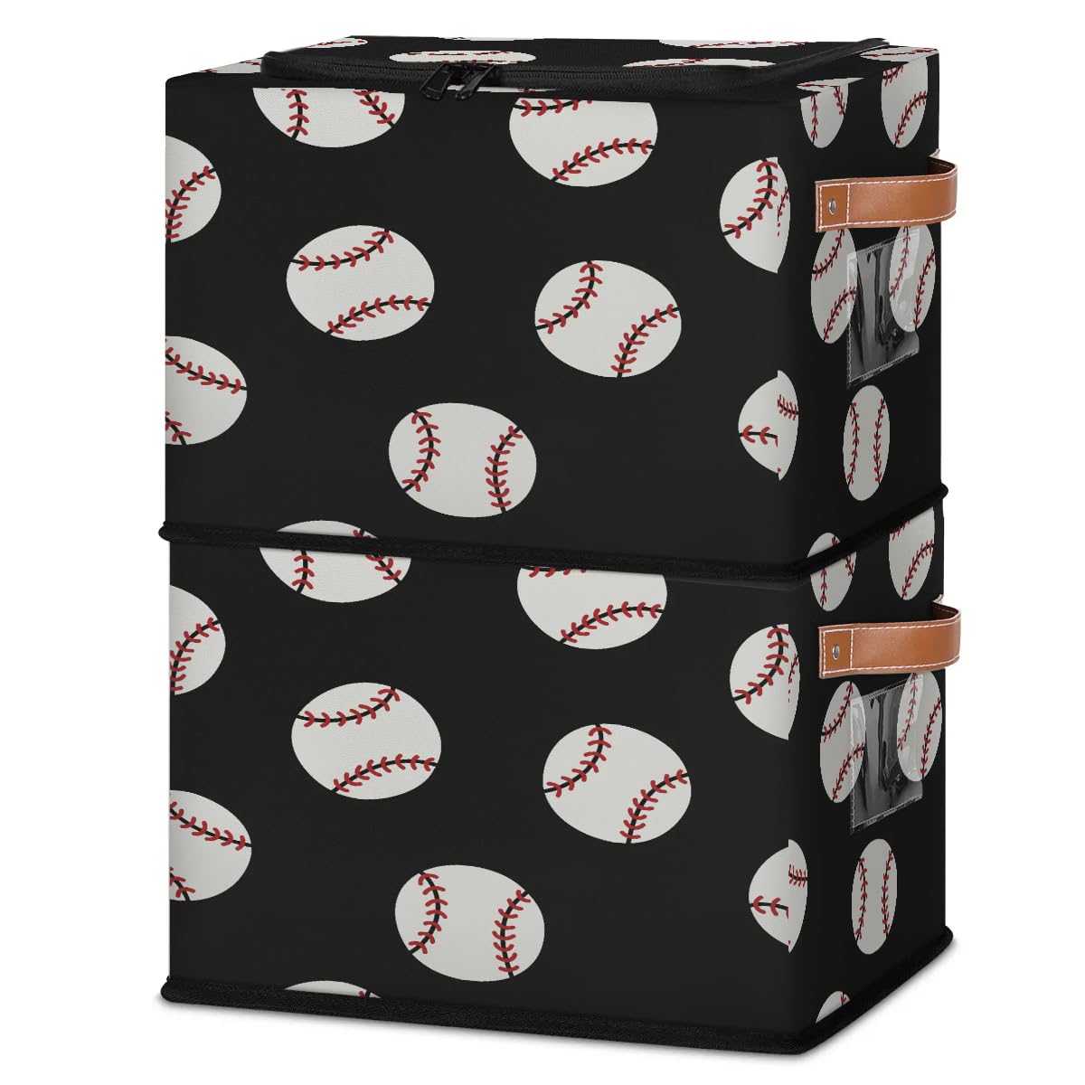 Baseball Print Storage Bins with Zipper Lid - Foldable Fabric Storage Baskets for Clothes, Blankets & Toys - Collapsible Storage Box with Handles (2 Pack) - Perfect for Closet, Nursery & Playroom Organization