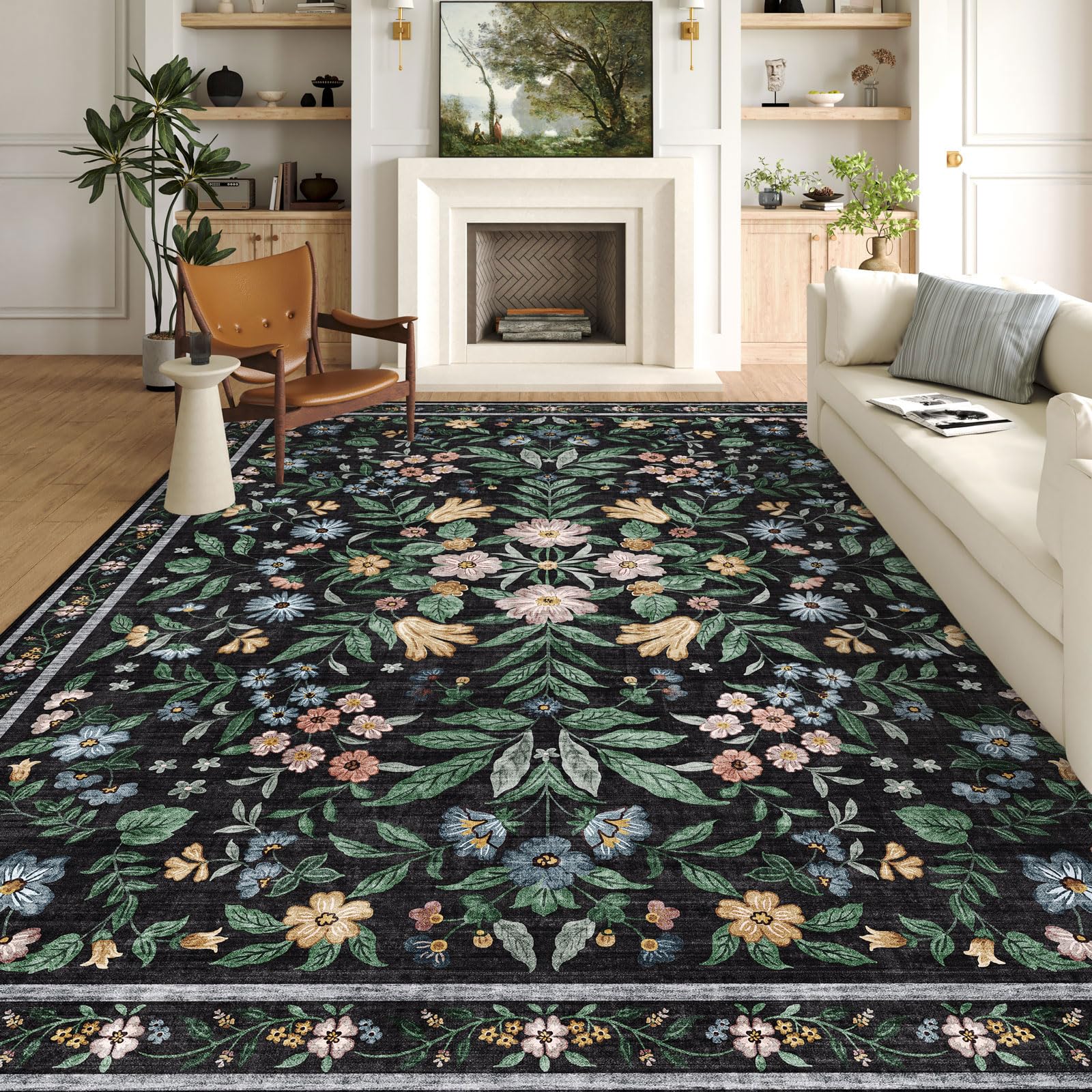 9x12 Washable Area Rugs - Soft Charcoal Black Botanical Floral Rug for Living Room, Bedroom & Dining Room | Ultra-Thin Vintage Boho Carpet | Stain Resistant Home Decor | Perfect for Boho Chic Decor, Cozy Spaces & High-Traffic Areas