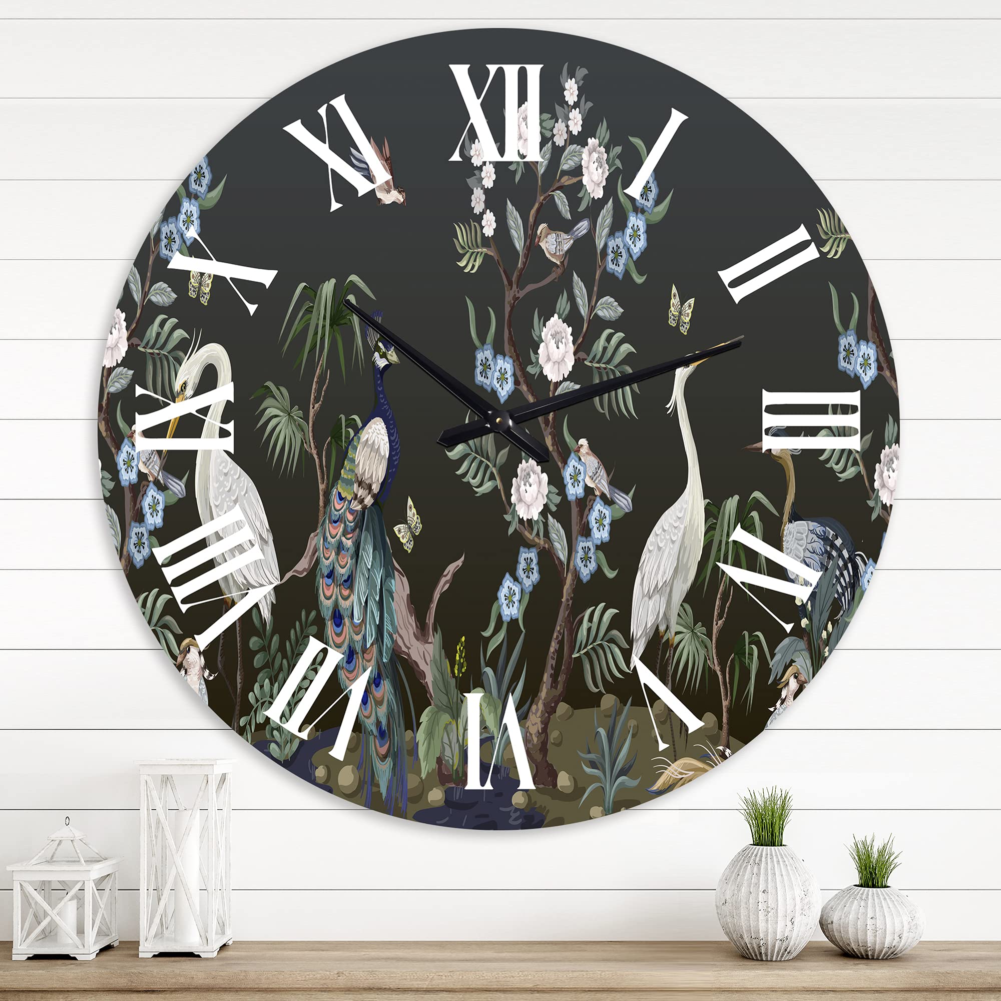 DesignQ Traditional Chinoiserie Wall Clock with Birds & Peonies - Large Decorative Wall Clock for Home, Office & Living Room - Perfect Vintage Home Decor & Unique Gift Idea