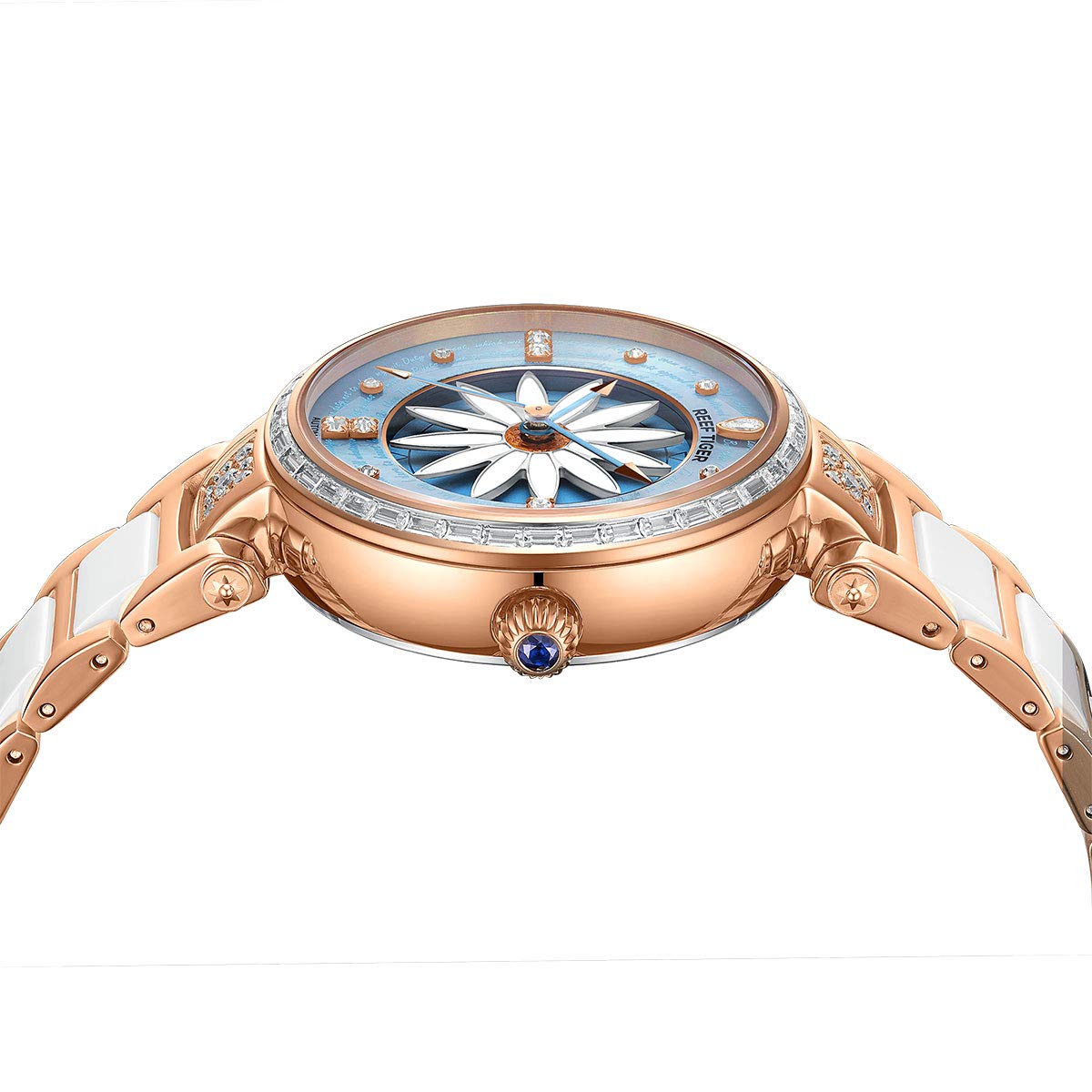 REEF TIGER RGA1599 Luxury Women's Automatic Watch with Diamond Bezel - Elegant Lily Design for Business, Party & Everyday Wear