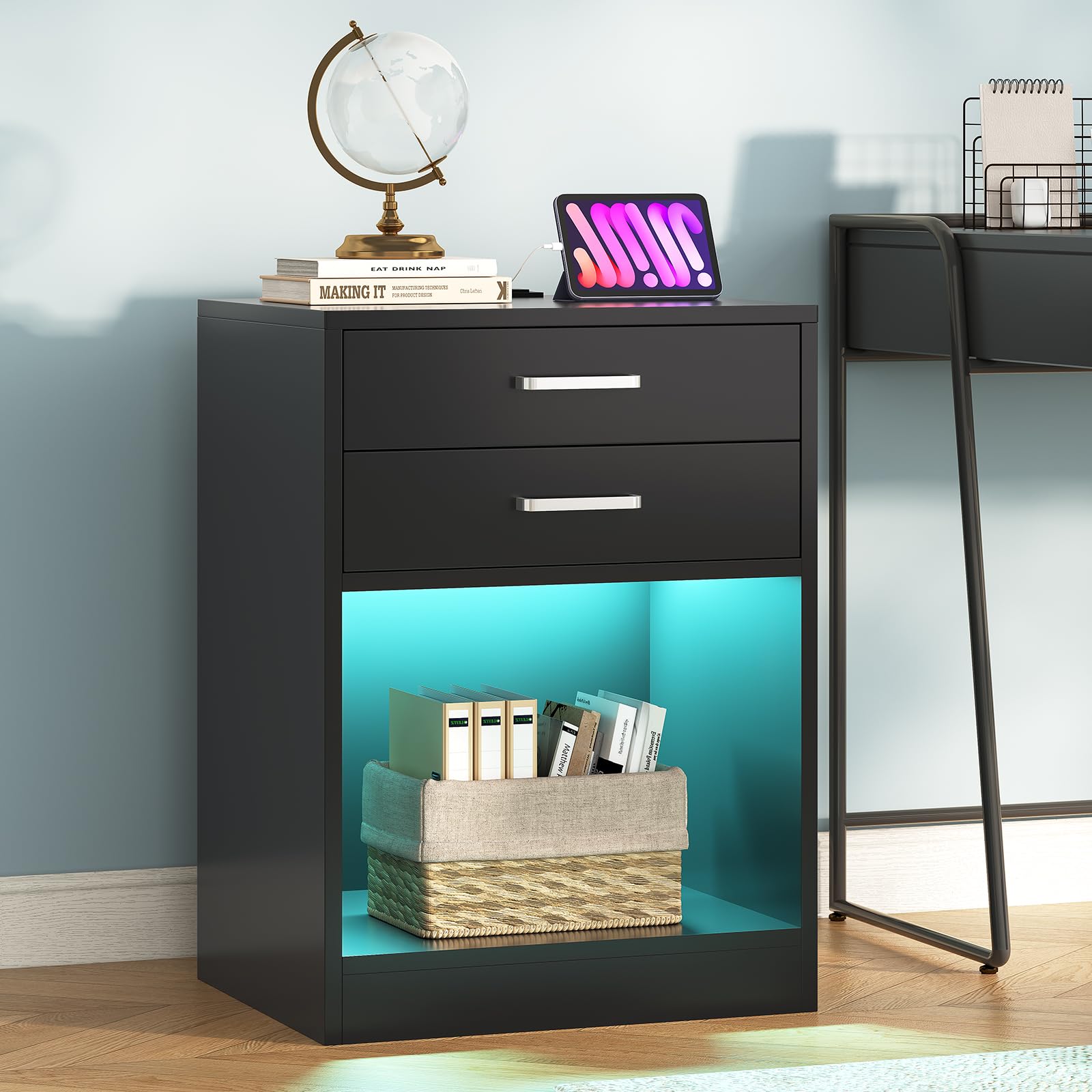 ADORNEVE Modern LED Nightstand Set of 2 - Bedside Tables with USB Charging Station, Power Outlets & Storage Drawers - Black Contemporary Bedroom Furniture for Home, Apartment, Dorm (Perfect for Reading, Phone Charging & Bedroom Organization)