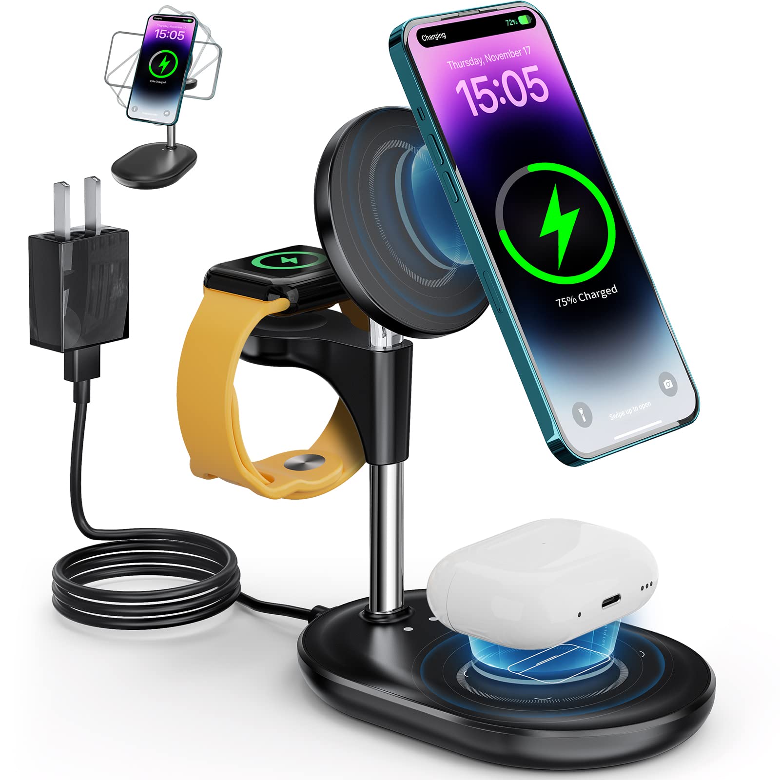 3-in-1 Magnetic Wireless Charging Station for iPhone 15/14/13/12 Pro Max/Plus/Pro, Apple Watch & AirPods - Fast Qi-Certified MagSafe Charger Stand - Perfect Gift for Men & Women (Black) | Home Office & Nightstand Charging Solution