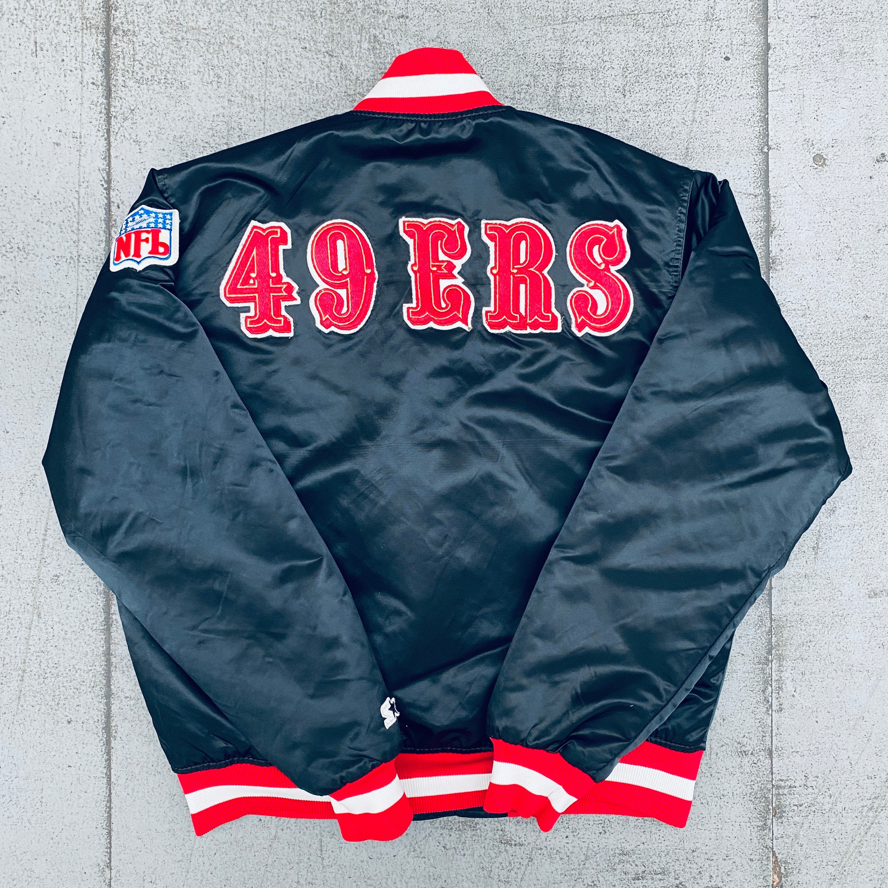 Vintage 1980s San Francisco 49ers Blackout Satin Reverse Spellout Proline Starter Bomber Jacket (Medium) - Perfect for NFL Fans, Retro Sports Fashion & Game Day Outfits