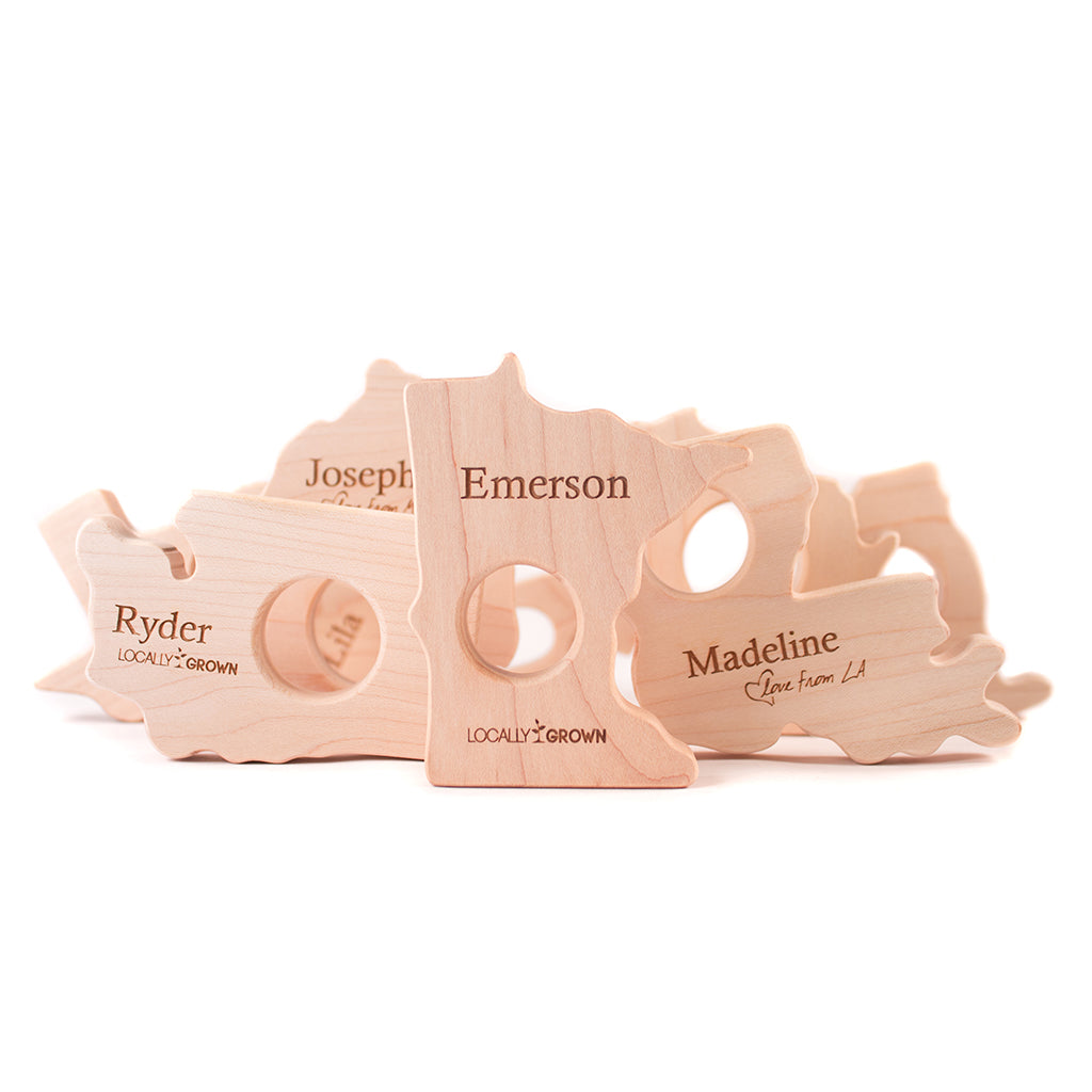 Natural Wooden Baby Teethers - Handcrafted US State-Themed Teething Toys for Infants | Safe & Non-Toxic for Soothing Sore Gums - Perfect Baby Shower Gift & Travel Essential