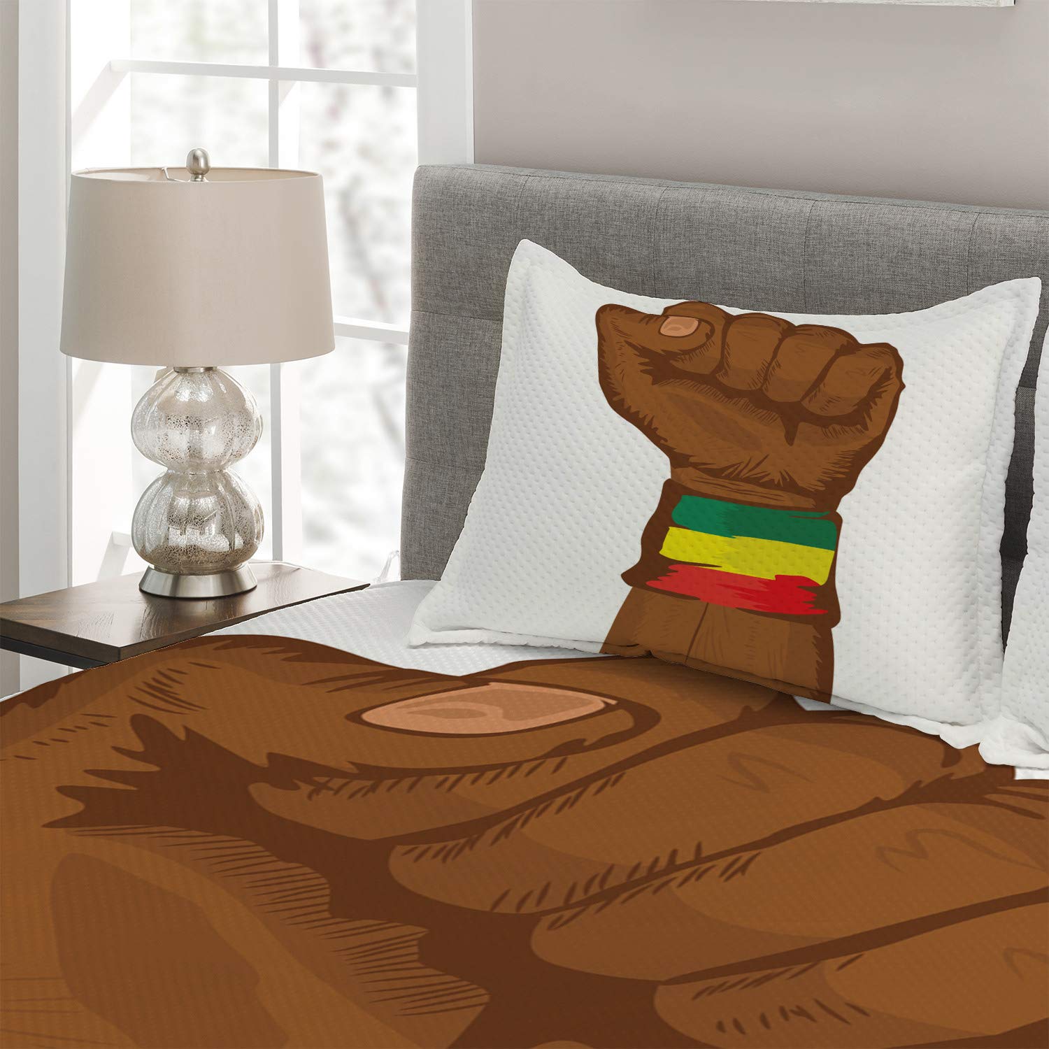 Ambesonne Rasta Coverlet - 3 Piece King Size Quilted Bedspread Set with 2 Pillow Shams | Ethiopian Rebellion Art Print in Yellow & Brown | Bohemian Home Decor for Bedroom & Dorm