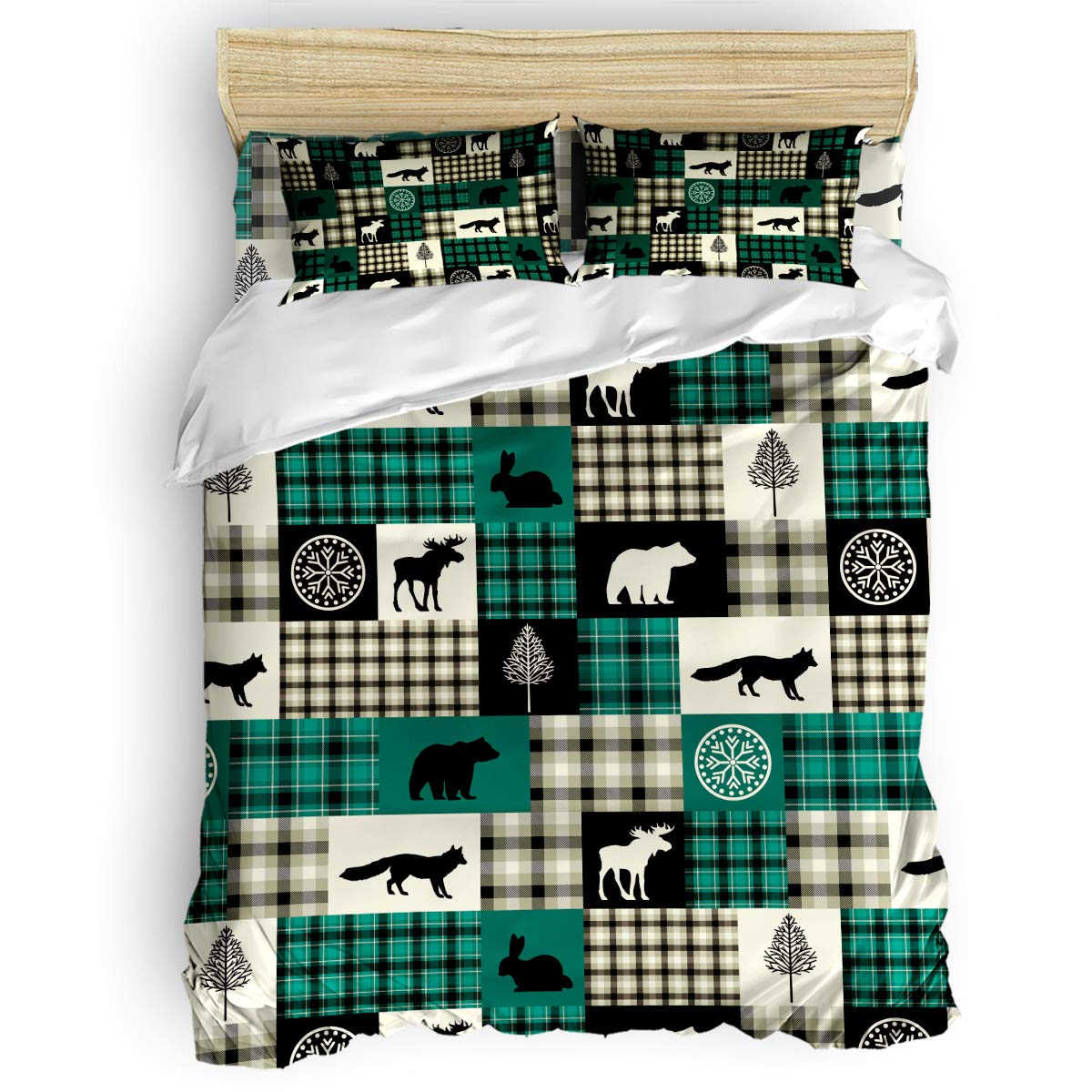 Smile Sunflower 4-Piece Luxury Soft Duvet Cover Set for Girls & Boys - Queen Size, Includes 1 Comforter Cover, 1 Bed Sheet, 2 Pillowcases in Christmas Green & Black Buffalo Check Plaid Pattern - Perfect for Kids' Bedrooms, Guest Rooms & Holiday Decor