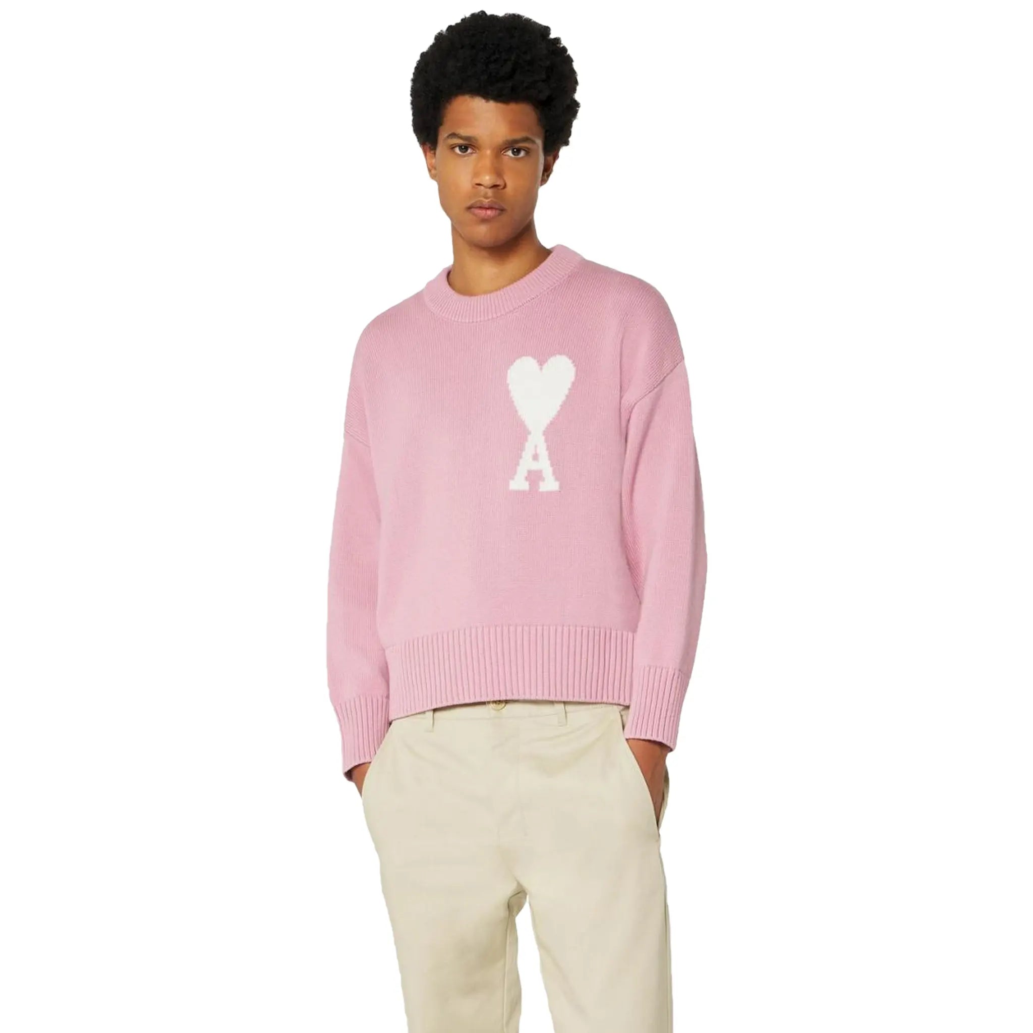 Ami Paris Ami De Coeur Logo Intarsia Pink Knit Sweatshirt | Women's Casual Pullover | Perfect for Fall Fashion & Streetwear Outfits