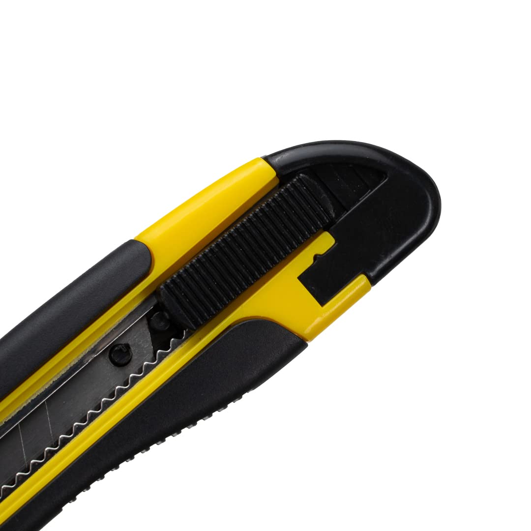 Handy Tek 5.3 Inch Retractable Utility Knife Set of 4 - Snap-Off Blades with Built-In Safety Lock, Heavy Duty Sharp Breakaway Knives for Restaurant, Kitchen, Office & DIY Projects - Yellow Plastic Handle Box Cutter