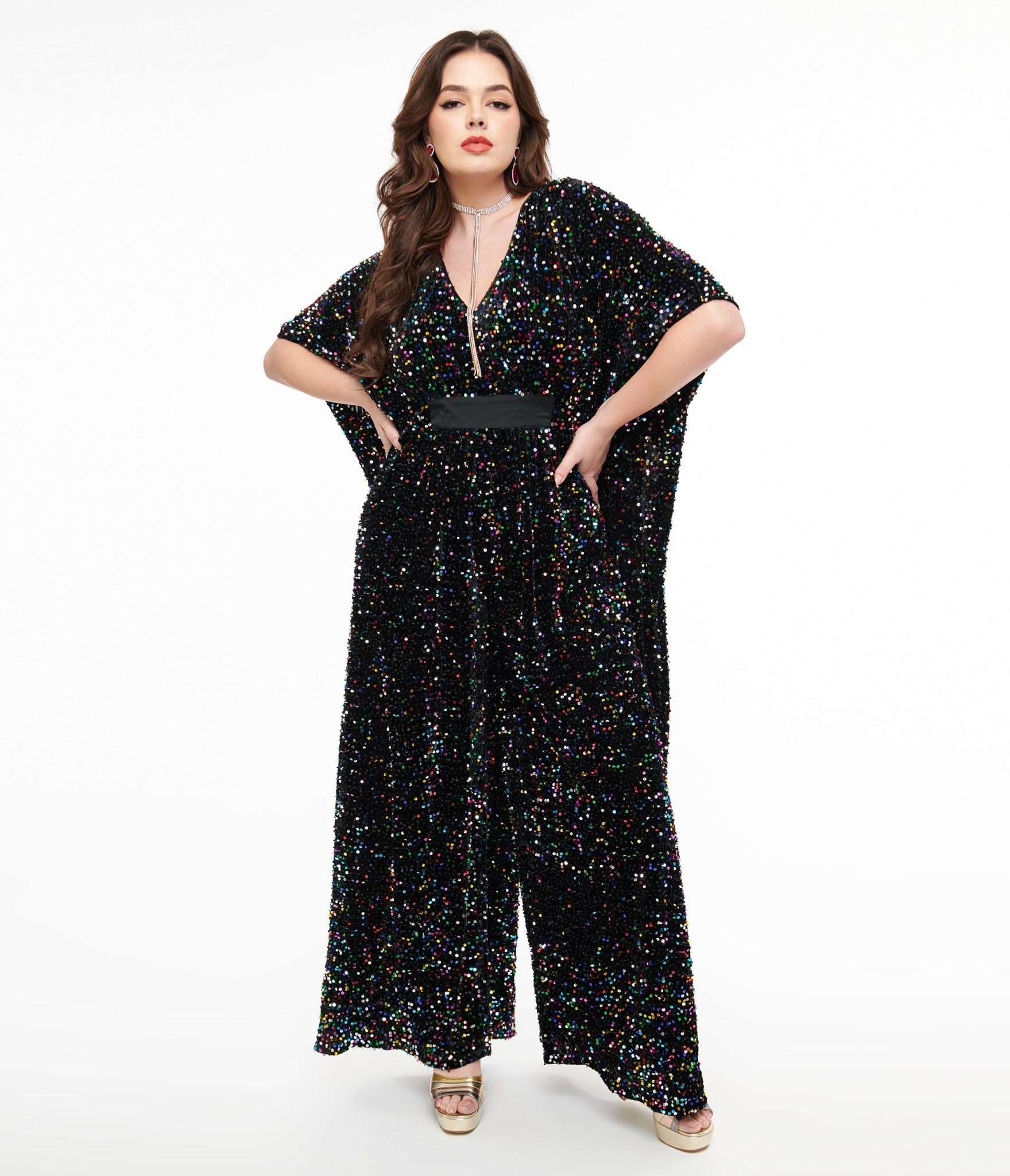 Vintage 1970s Black Iridescent Sequin Caftan Jumpsuit - Retro Disco Party Outfit, Evening Gown & Boho Festival Wear for Women