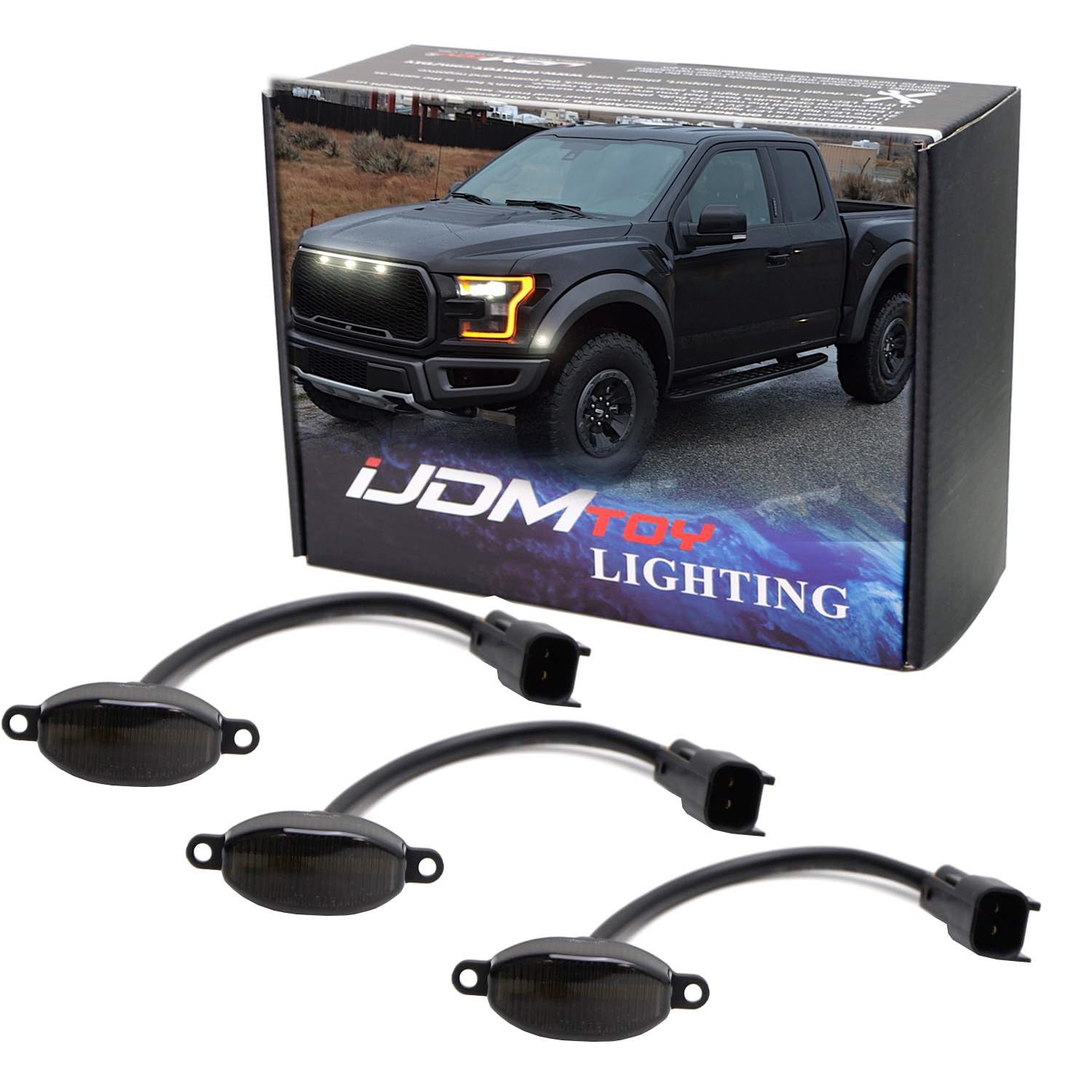 iJDMTOY 3pc Smoked Lens White LED Grille Running Lights for 2010-2014 & 2017-2020 Ford Raptor - 36 SMD LED Lights - Durable Off-Road Lighting for Trucks & Night Driving