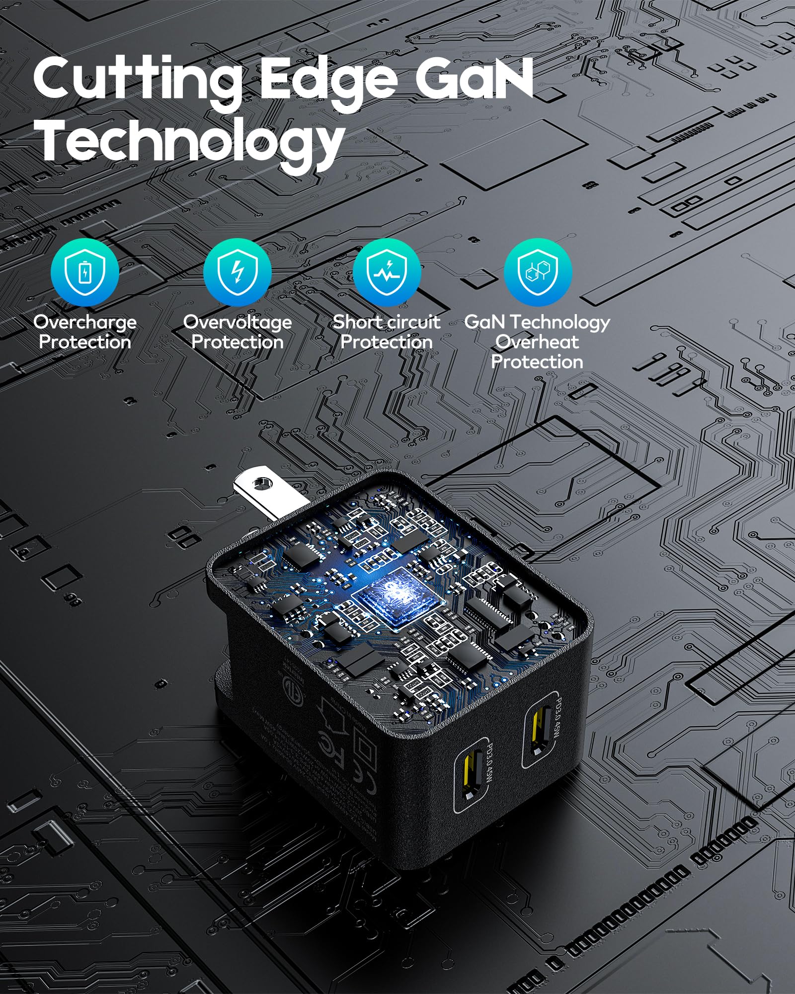 45W Super Fast USB C Wall Charger, 2-Port PD PPS GaN Charger Block for iPhone 15, Galaxy S23 Ultra, iPad Pro, MacBook - Compact Foldable Design - Perfect for Travel, Office & Home Use - Black