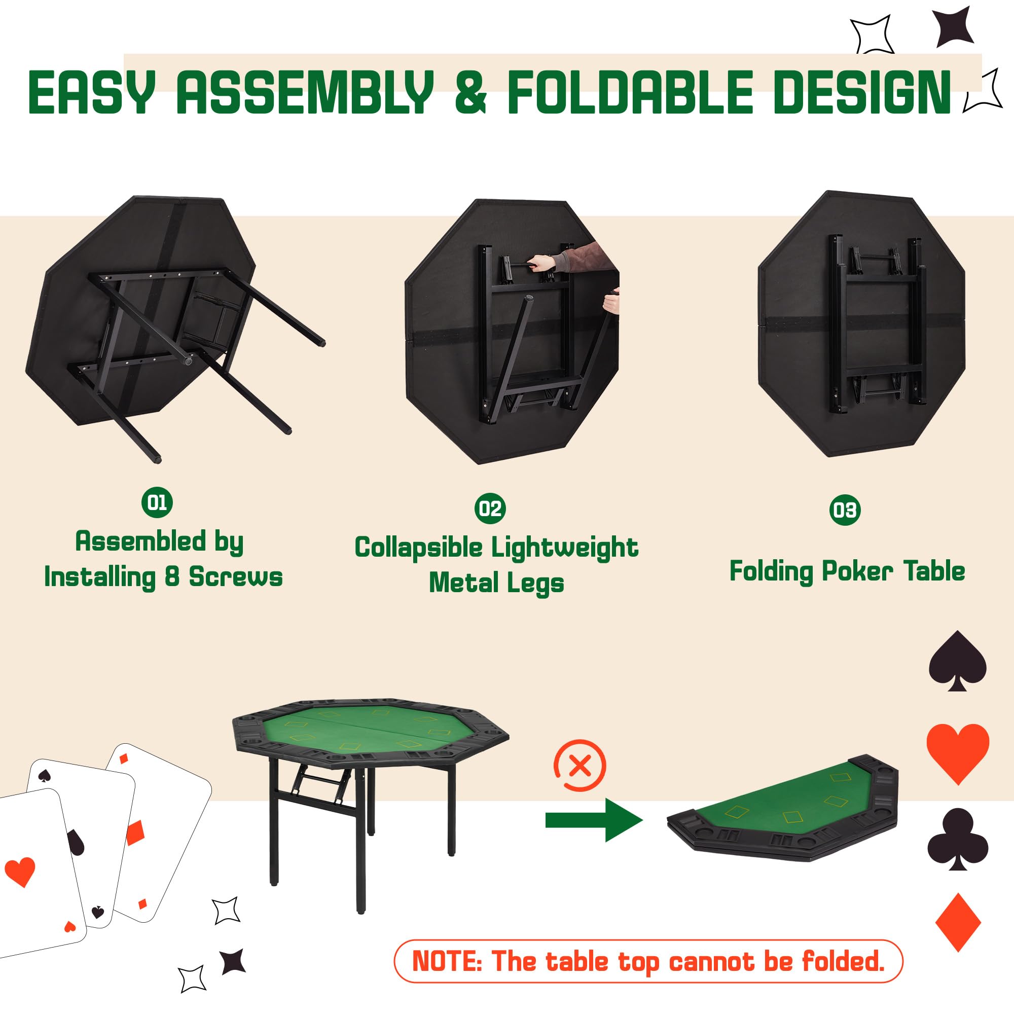 ECOTOUGE Foldable Poker Table - 8 Player Octagon Texas Holdem Poker Table with Chip Trays & Collapsible Legs | Portable Casino Game Table for Blackjack, Poker Nights & Home Entertainment | Easy Assembly, Green