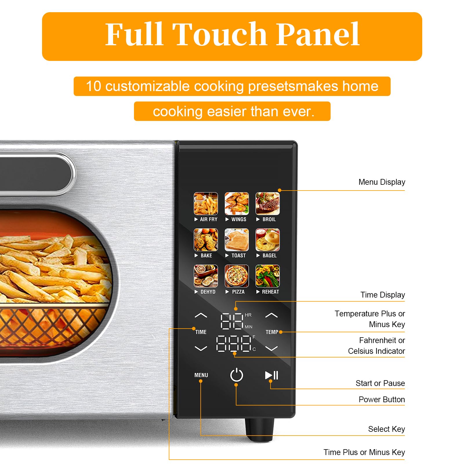SEEDEEM 10-in-1 Air Fryer Toaster Oven with Convection - 15L Capacity, LCD Touch Screen, 1800W - Bake, Roast, Toast, Dehydrate - Includes 4 Accessories (Silver) | Perfect for Small Kitchens, Dorms & RV Cooking