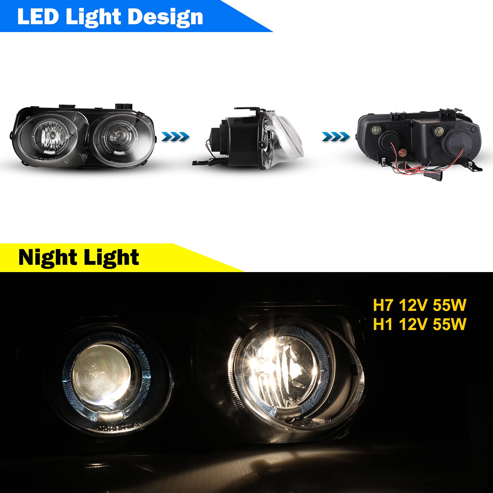 WOLFSTORM Halo Projector Headlight Assembly Replacement for 1994-1997 Acura Integra - Black Housing, LED Angel Eyes, DOT Approved (Perfect for Night Driving & Car Upgrades)