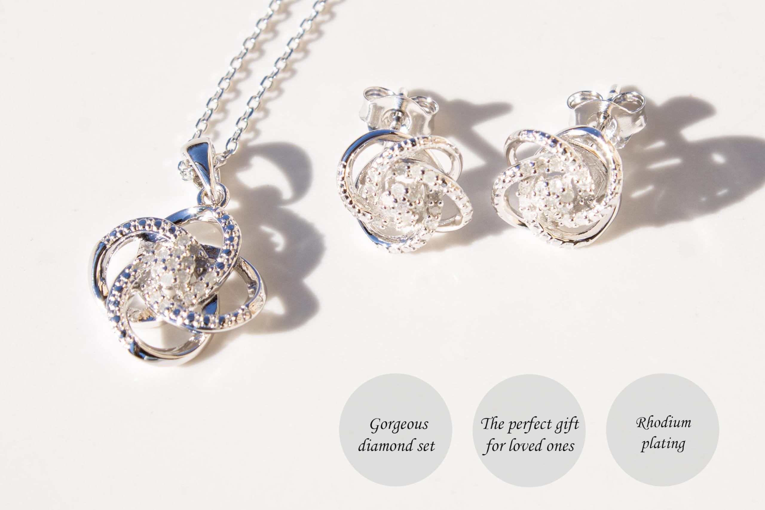 925 Sterling Silver 1/4 CT Diamond Love Knot Necklace & Earrings Set for Women - Valentine's Day Jewelry Gift - 18