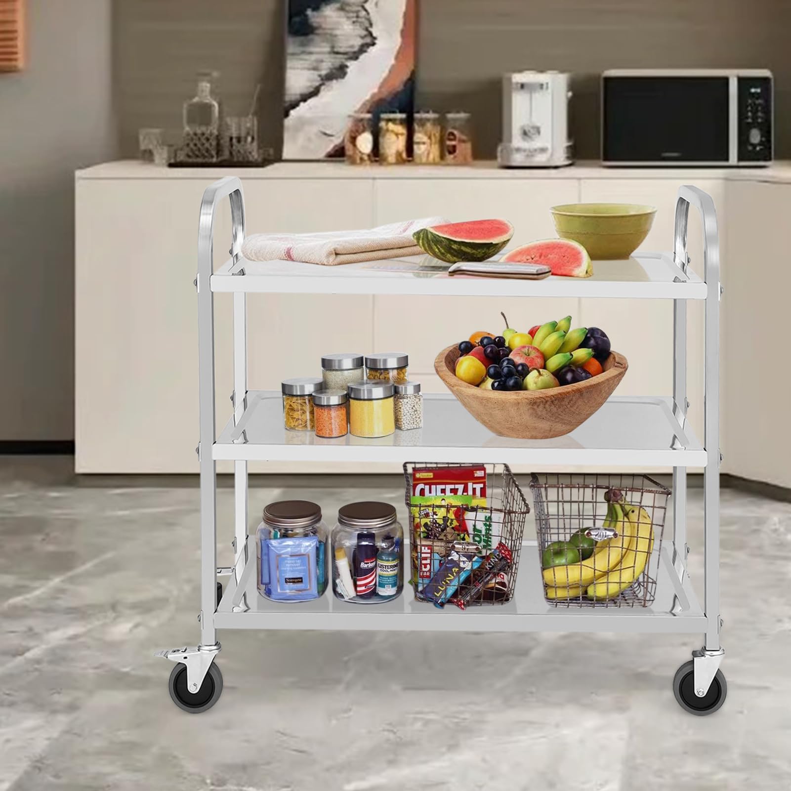 GARVEE 3-Tier Heavy Duty Stainless Steel Utility Cart with Handle & Locking Wheels - 265Lbs Capacity (85x45x90cm) - Perfect for Kitchen, Restaurant, Hospital, Lab & Home Organization