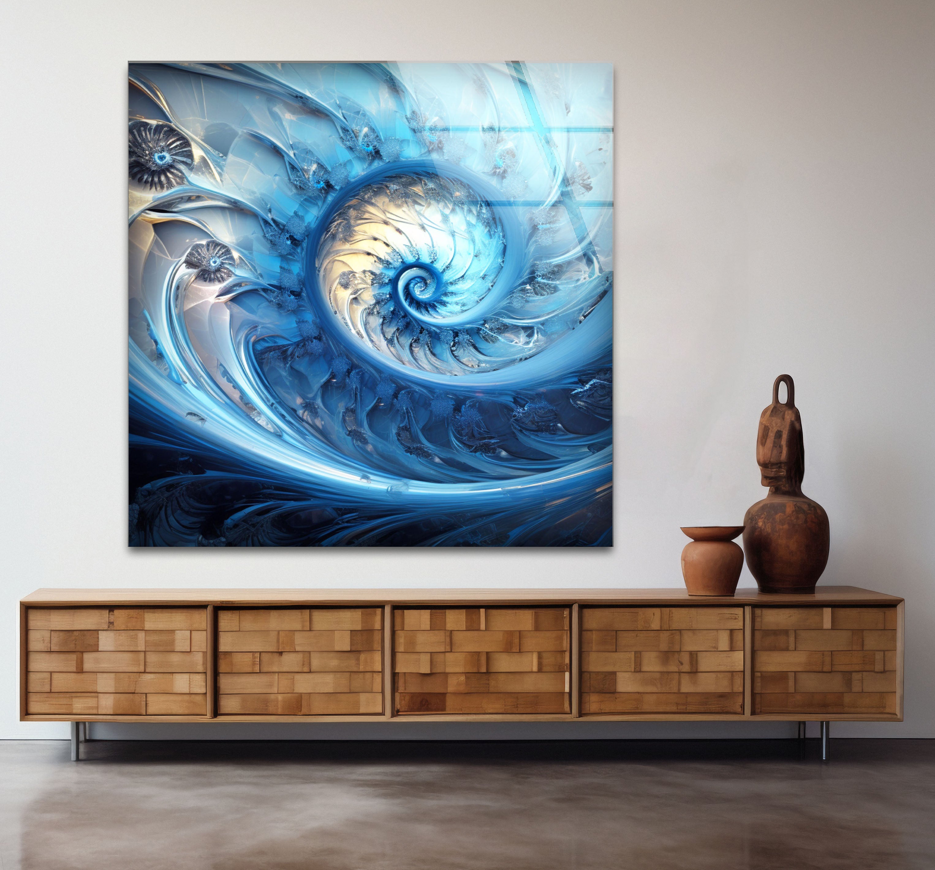 Blue Fractal Spiral Wall Art - Abstract Nautilus Glass Print for Modern Living Room & Office Decor | Perfect for Contemporary Home & Workspace Interiors