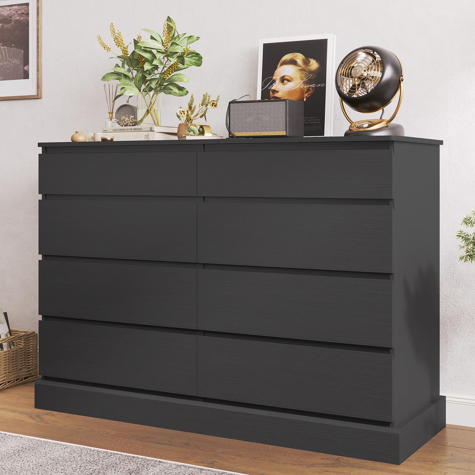 Hasuit 51.5'' Black Wooden Dresser with 8 Drawers - Large Capacity Bedroom Storage Cabinet for Clothes, Bedding & Accessories | Perfect for Master Bedroom, Guest Room, Living Room & Entryway Organization