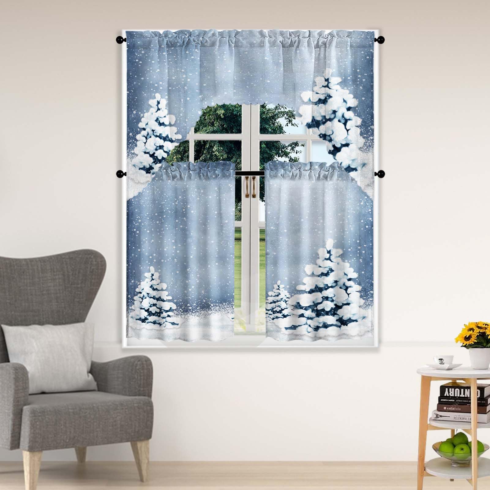 ULQUISNCE 3-Piece Christmas Snow Swag & Tier Window Curtain Set - Festive Tree Kitchen Valance with Rod Pocket - Winter Holiday Decor for Kitchen Windows - Perfect for Christmas Home Decor & Seasonal Party Decorations