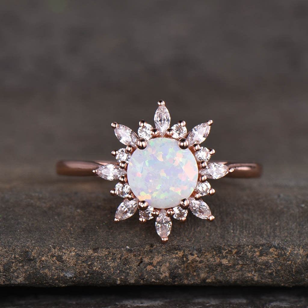 14K/18K Gold Floral Opal and Moissanite Diamond Engagement Ring for Women - Elegant Wedding, Proposal, Anniversary Gift for Her
