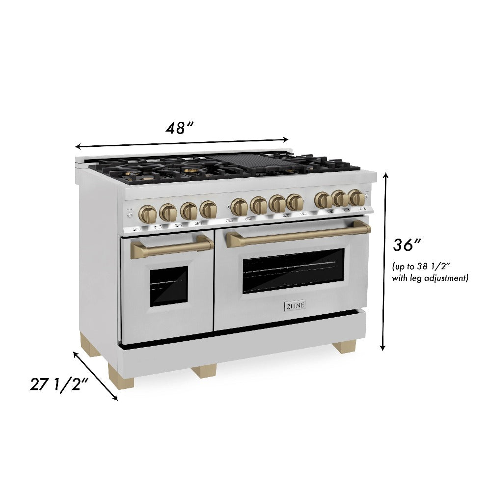 ZLINE Autograph Edition 48-inch Stainless Steel Kitchen Package - Dual Fuel Range, Range Hood, Dishwasher & Refrigerator with External Water Dispenser in Champagne Bronze (4AKPR RARHDWM48 CB) | Premium Kitchen Appliances for Modern Homes & Professional Chefs