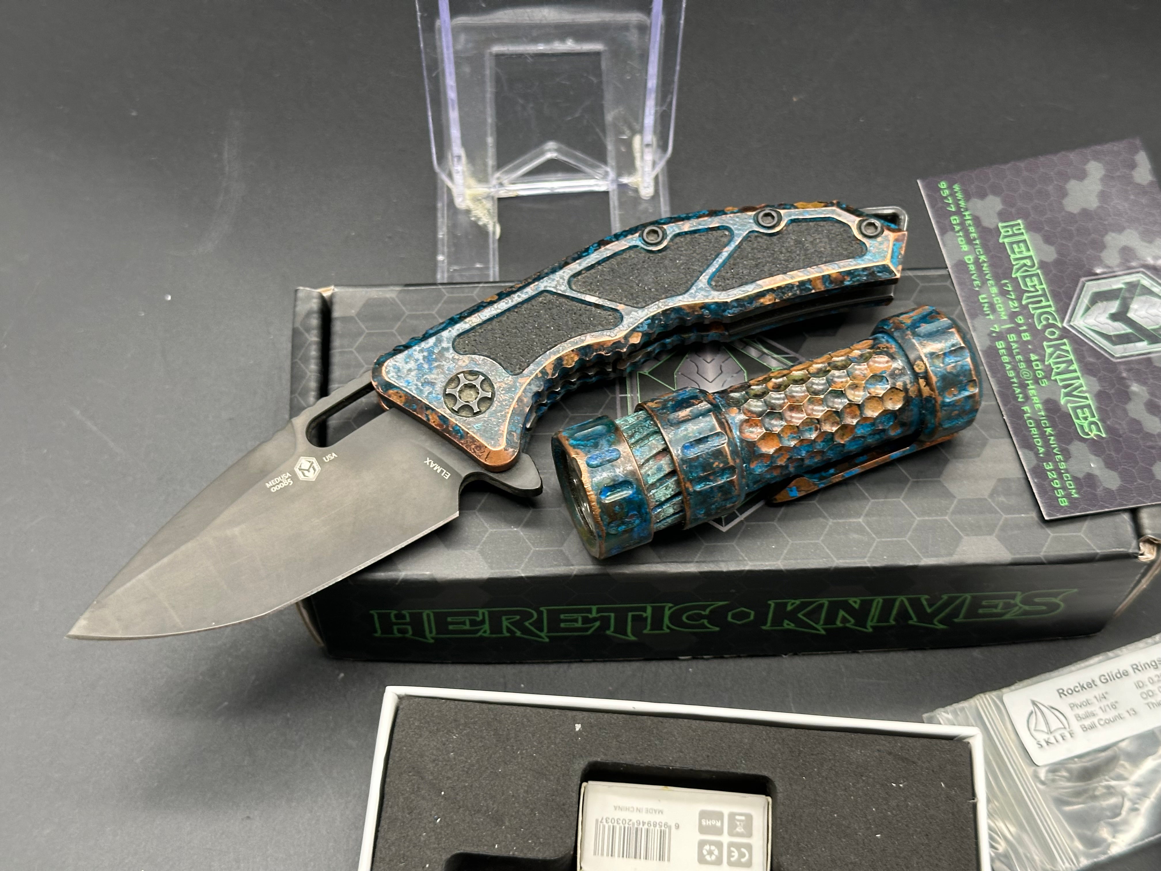 Heretic Knives Medusa Flipper Folding Knife & Mechforce Tactical Flashlight Set with Chemtina Finish - EDC Gear for Camping, Hiking, Survival and Outdoor Adventures