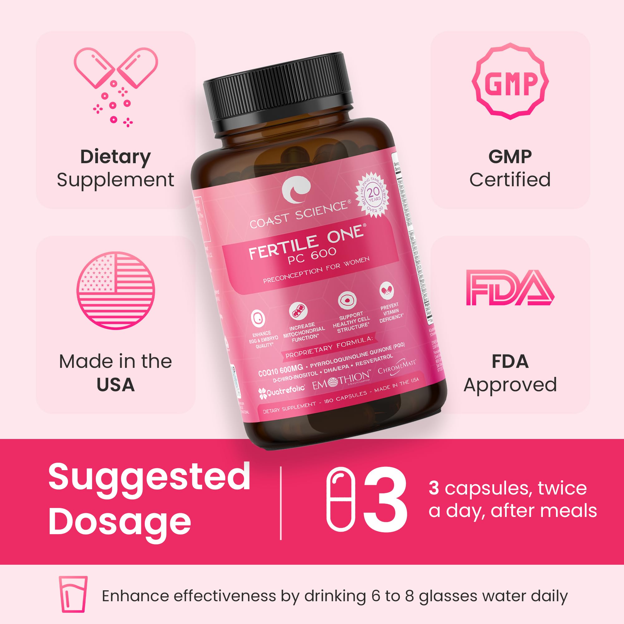 Fertile One PC 600 - Advanced Preconception Supplement with 600mg CoQ10 for Women's Reproductive Health | Supports IVF & Fertility Enhancement | 180 Vegetarian Capsules | Perfect for Pre-Pregnancy Planning & Fertility Support