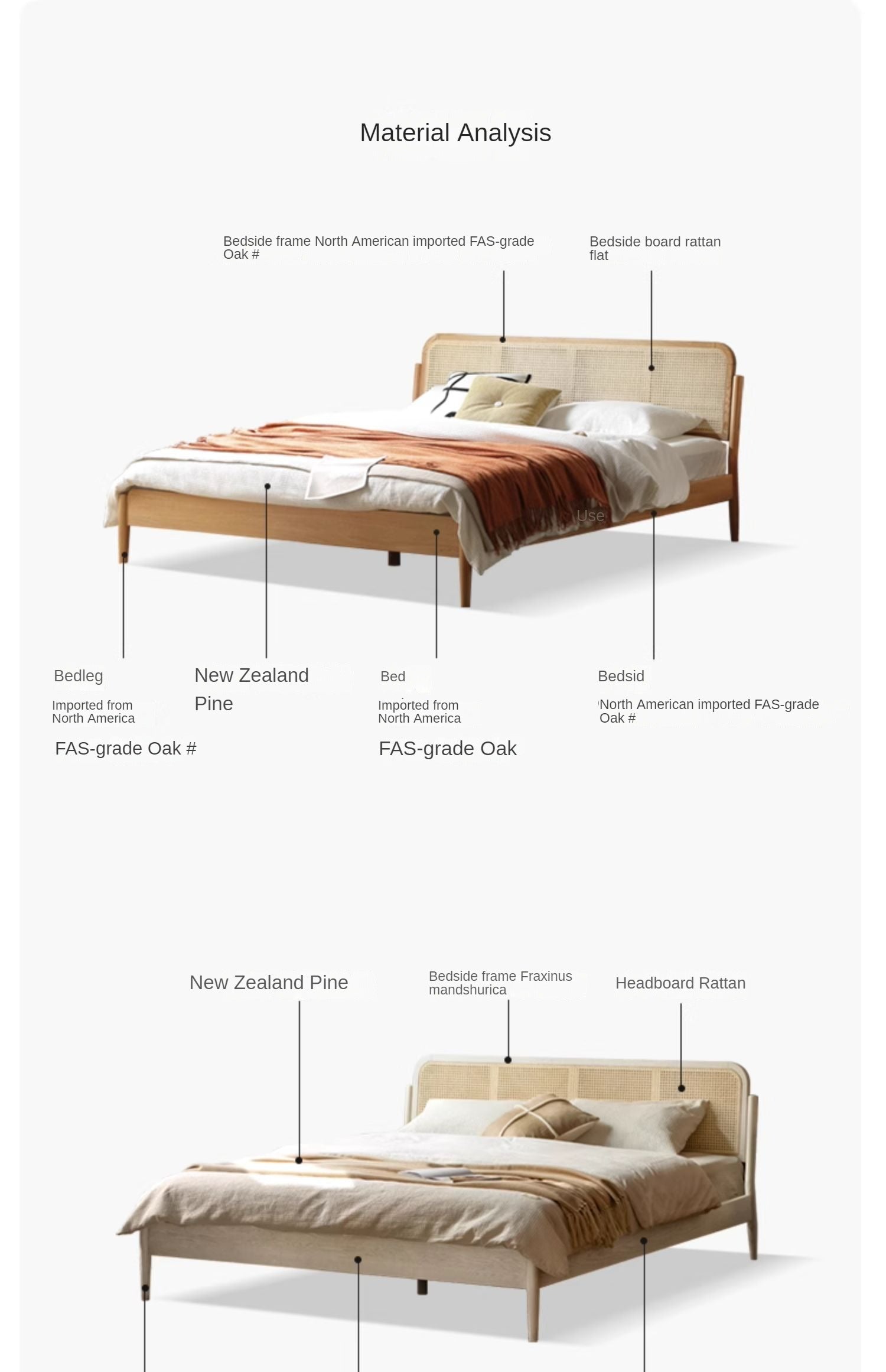Solid Oak Wood Rattan Bed Frame - Queen Size, Natural Finish - Perfect for Bedroom, Guest Room & Farmhouse Decor