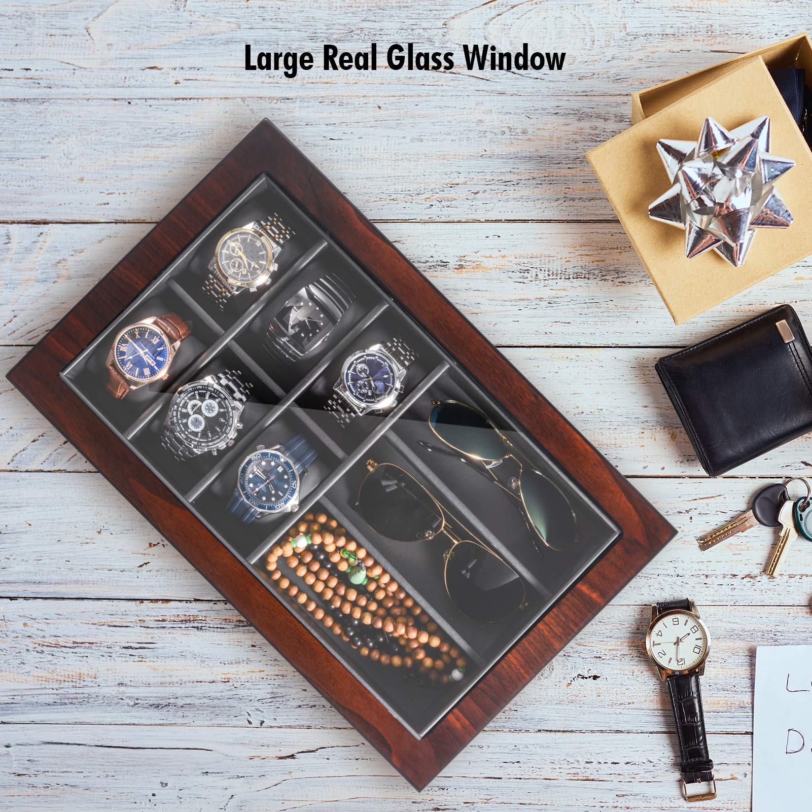 Premium Wooden Watch Box Organizer for Men - Luxury Valet Drawer & Glass Top Display Case - Jewelry Storage Gift for Him - Perfect for Watch Collectors & Fashion Accessories Organization
