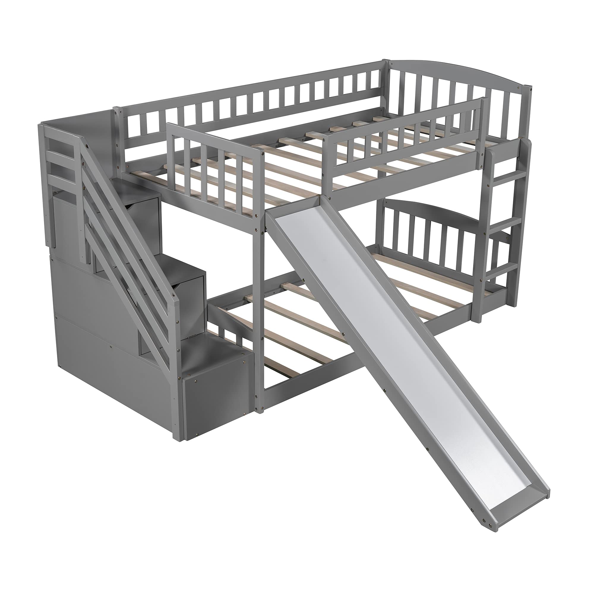 Rhomtree Twin Over Twin Bunk Bed with Slide - Convertible Kids Loft Bed Frame with Ladder, Full-Length Guardrails & 2 Storage Drawers - No Box Spring Needed (Gray) - Perfect for Small Bedrooms, Playrooms & Sleepovers