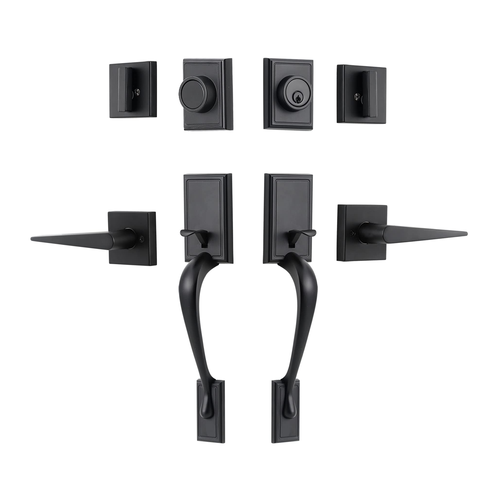 Premium Matte Black Front Door Lock Set - Double Door Handle with Deadbolt & Dummy Lockset (B-S118-M-USAM021) for Home Security & Entry Doors - Ideal for Residential & Commercial Properties