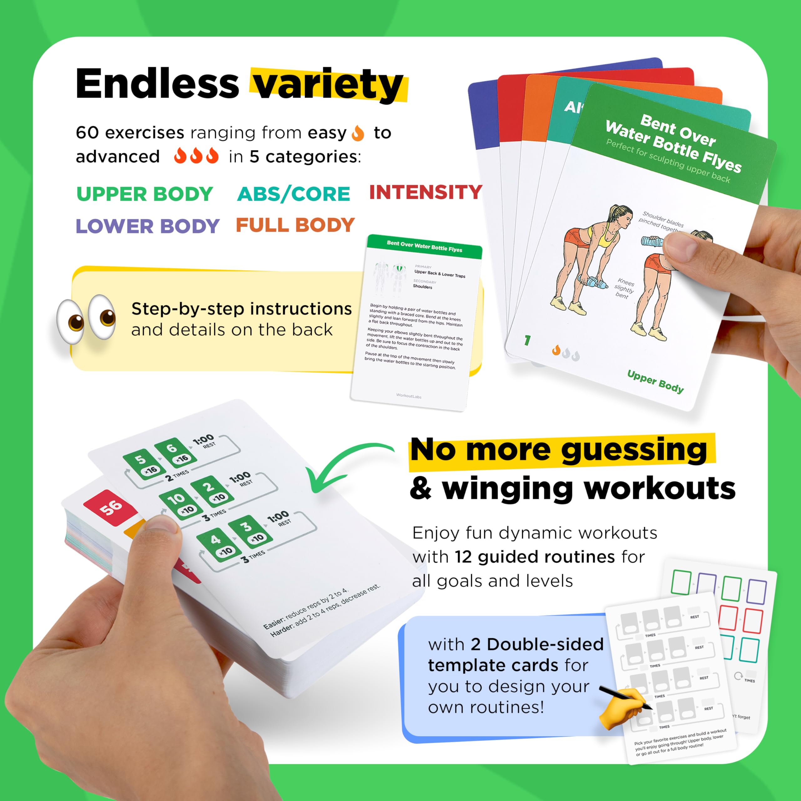 WorkoutLabs Exercise Cards: 60 Bodyweight Exercises & 12 No-Equipment Routines - Premium Waterproof Plastic Fitness Flashcards for Home & Gym Workouts (Men & Women) - Perfect for Travel, Small Spaces & Quick Workout Sessions