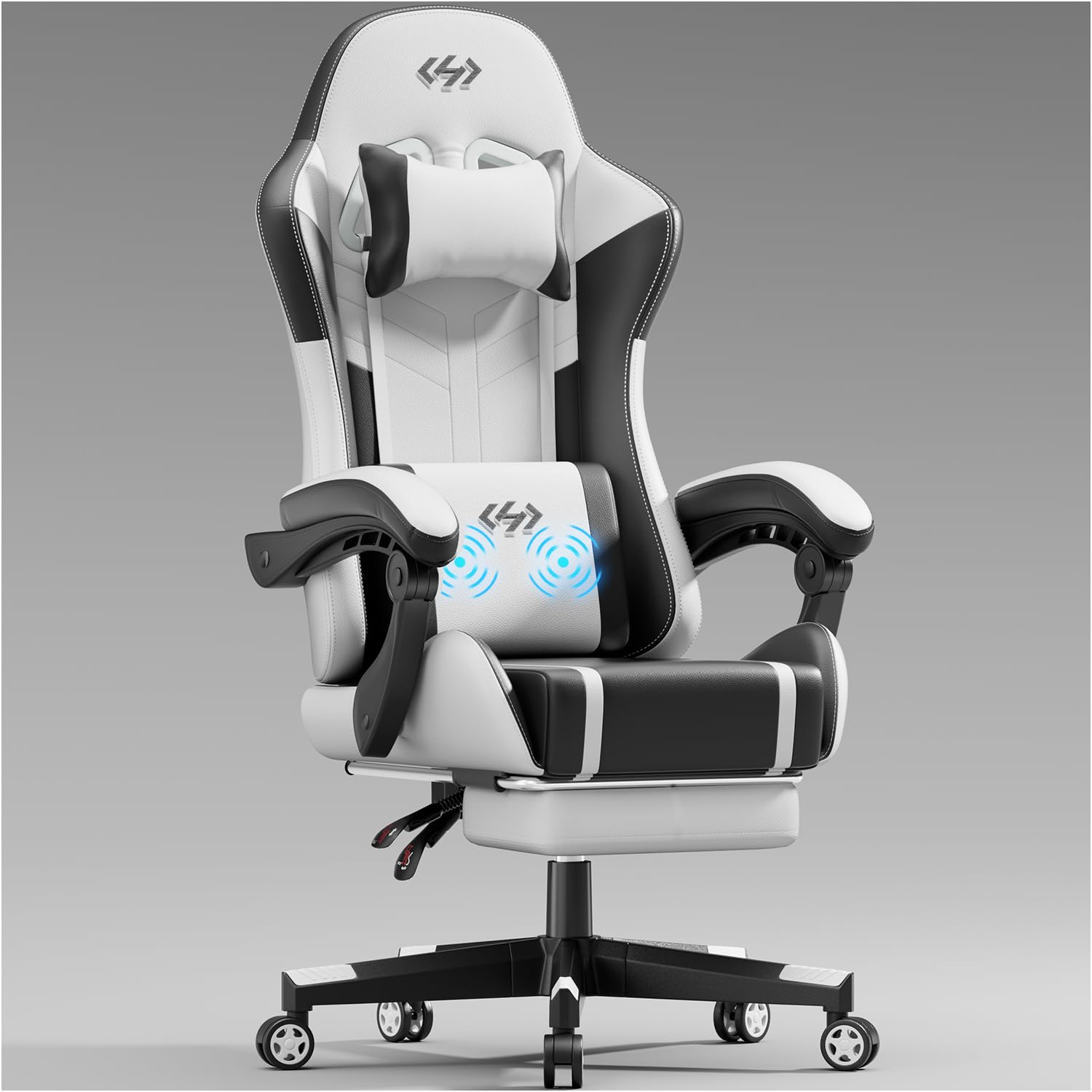 HLDIRECT Ergonomic Gaming Chair for Adults - High Back PU Leather Computer Chair with Adjustable Headrest & Lumbar Support - Swivel Office Chair for PC, Video Games & Work - Black & White Design - Perfect for Home Office, Gaming Setup & Streaming Station