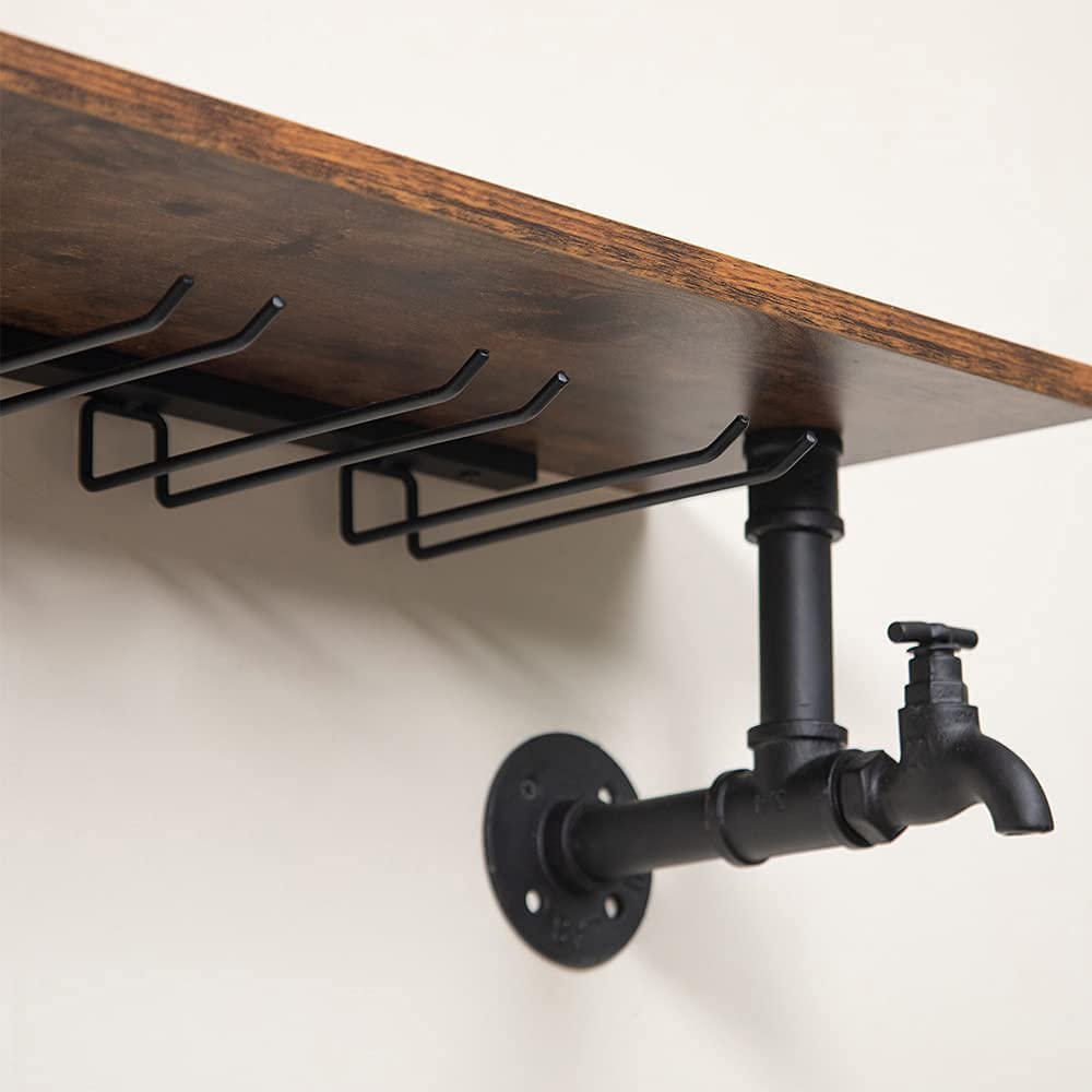 Industrial Pipe Shelves Wine Rack - 39in Wall Mounted Metal Hanging Shelf with 4 Stem Glass Holder, Rustic Floating Pipe Shelf for Living Room, Kitchen, Bar Decor - Perfect for Wine Storage, Glass Display & Home Organization
