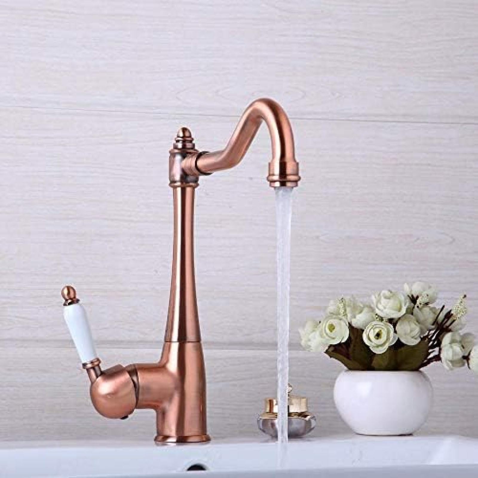 CRJUS Antique Copper Swivel Kitchen Sink Faucet with Ceramic Handle - Bathroom Basin Mixer Tap for Modern & Vintage Decor - Perfect for Farmhouse, RV, and Laundry Room Sinks