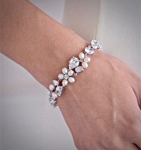 Elegant Eloise Freshwater Pearl & Cubic Zirconia Wedding Bracelet - Rose Gold & Silver Plated Bridal Jewelry | Perfect for Bridesmaids, Anniversary Gifts & Formal Occasions