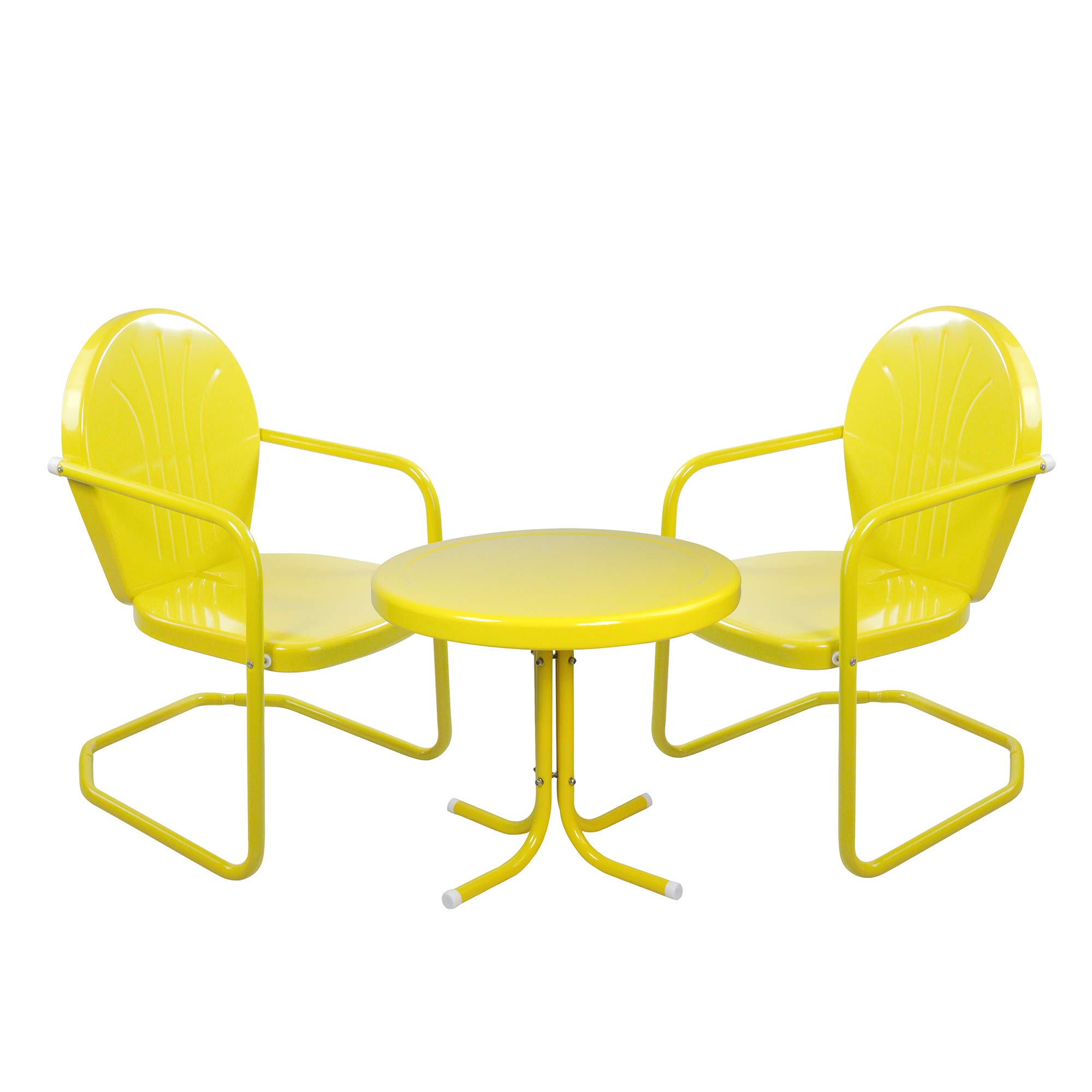 Vintage 3-Piece Metal Tulip Chair and Side Table Outdoor Patio Set - 34 Inch Yellow Retro Bistro Furniture for Garden, Balcony & Backyard Decor