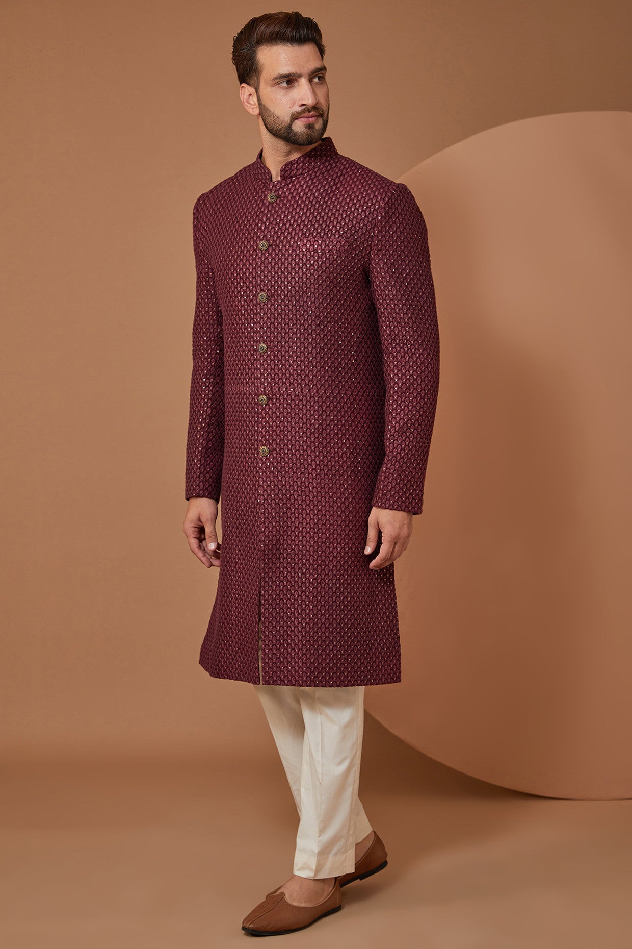 Elegant Maroon Wine Embroidered Sherwani for Men | Traditional Indian Wedding Attire | Perfect for Groom Outfit, Festivals & Special Occasions