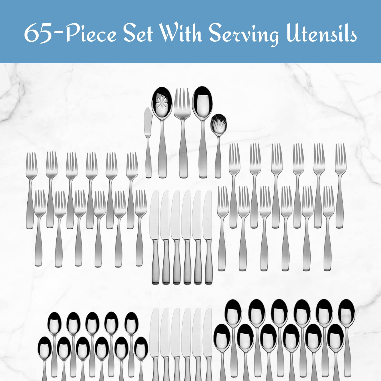 Premium Mikasa Satin Loft 65-Piece Flatware Set for 12 - 18/10 Stainless Steel Silverware with Serving Utensils - Elegant Dinnerware for Formal Dining, Weddings & Entertaining