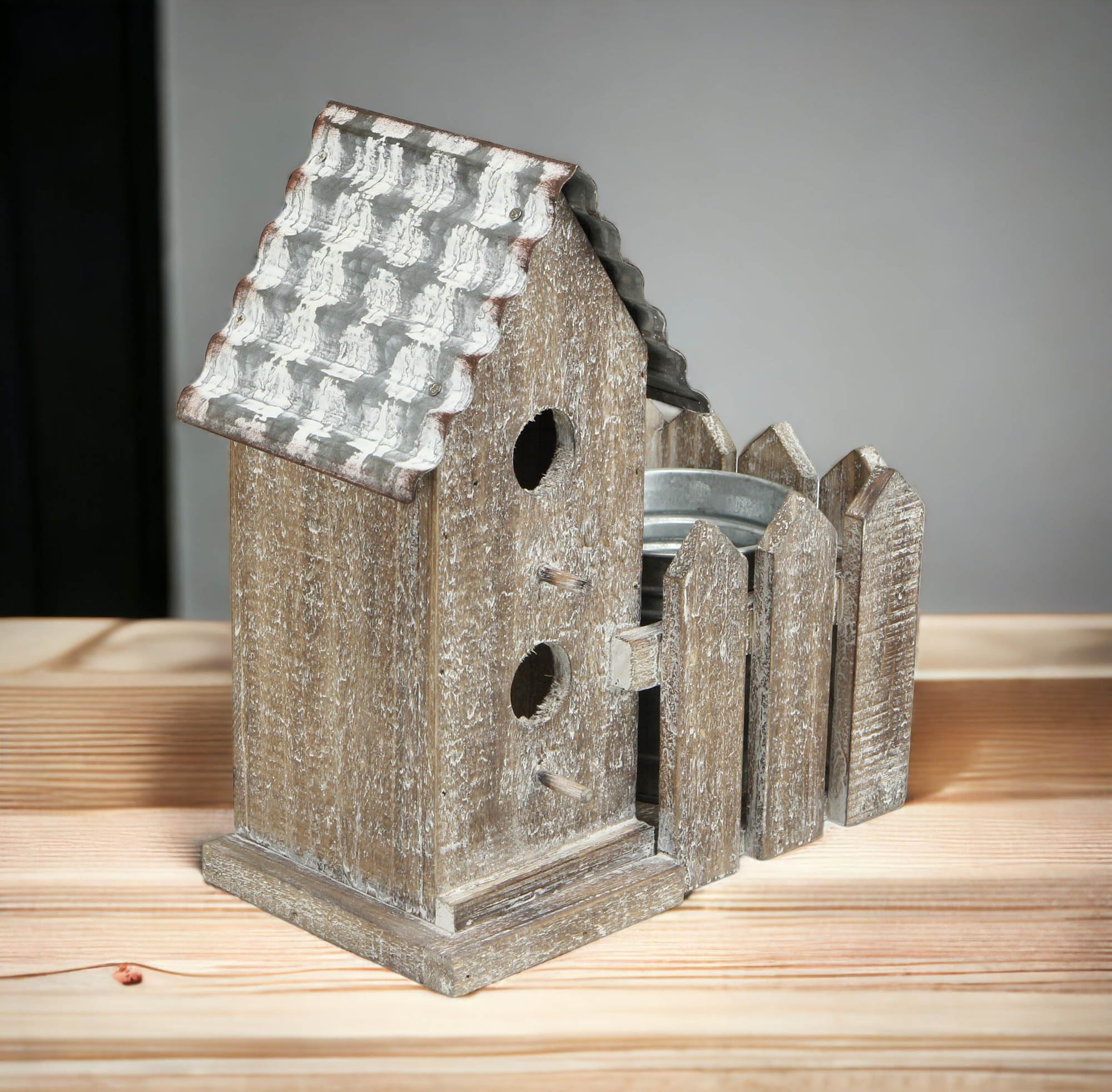 Cheung's 2-Story Metal Bird House with Galvanized Pot - Outdoor Garden Decoration for Backyard, Patio & Lawn - Brown Rustic Birdhouse for Wild Birds