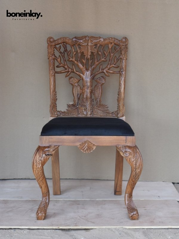 Hand Carved Woodpecker Dining Chair - Solid Wooden Dining Table Chair for Kitchen & Dining Room | Rustic Home Decor & Farmhouse Style Seating