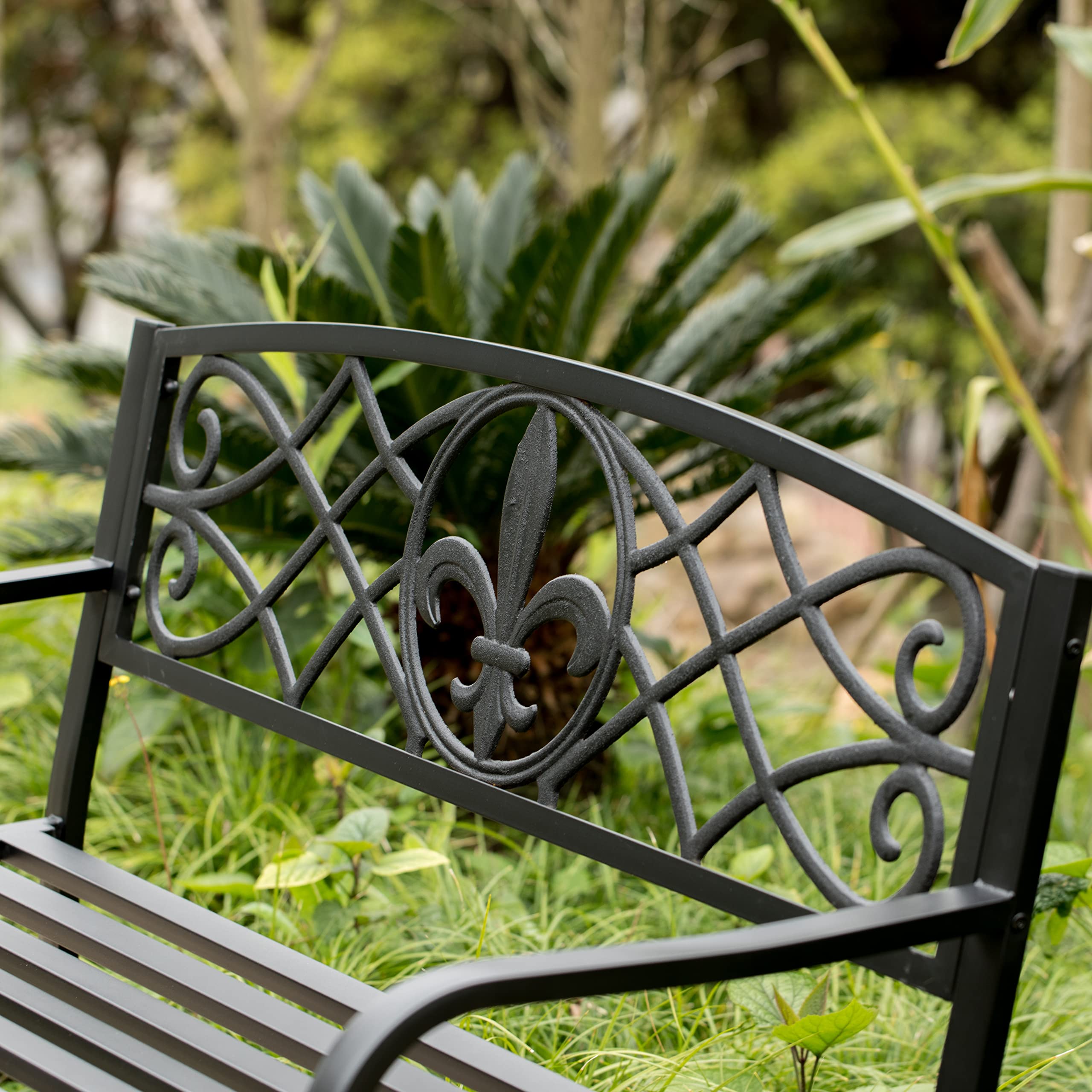 Outdoor Steel Park Bench with Cast Iron Back - Heavy Duty Garden Patio Bench for Yard, Balcony, Deck | Durable Black Seating Bench for Outdoor Relaxation, Park Decor & Backyard Lounging