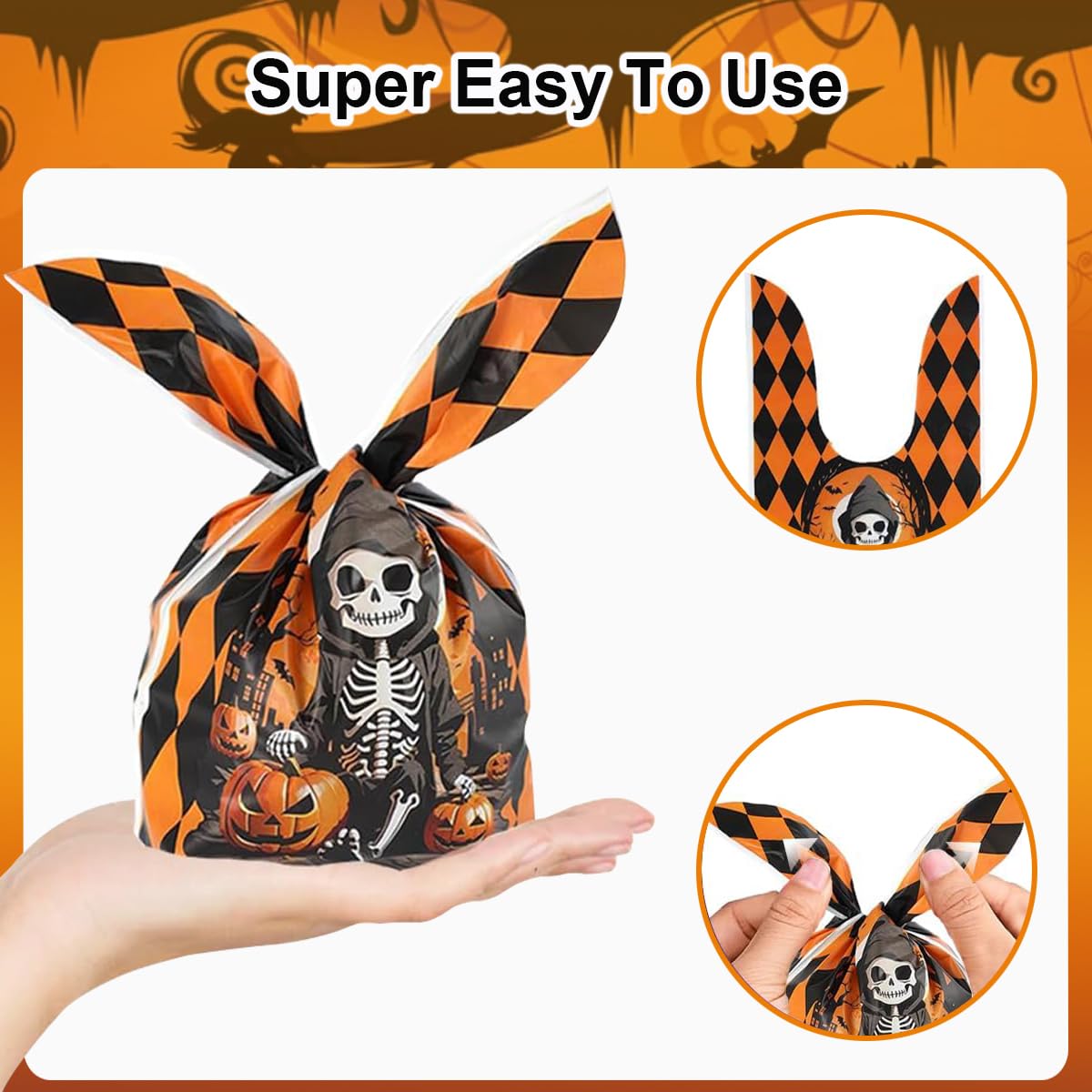100Pcs Halloween Treat Bags - 6 Style Cute Rabbit Ear Plastic Candy Bags for Kids, Trick or Treat Party Favors & Goodie Gifts | Perfect for Halloween Parties, Classroom Treats & Neighborhood Trick-or-Treating