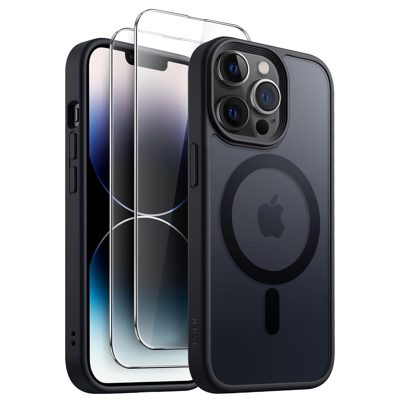 JETech 3 in 1 Magnetic Case for iPhone 14 Pro 6.1 Inch - Shockproof Translucent Matte Cover with 2 Pack Tempered Glass Screen Protector | Magsafe Compatible | Perfect for Work, Travel & Outdoor Activities (Black)