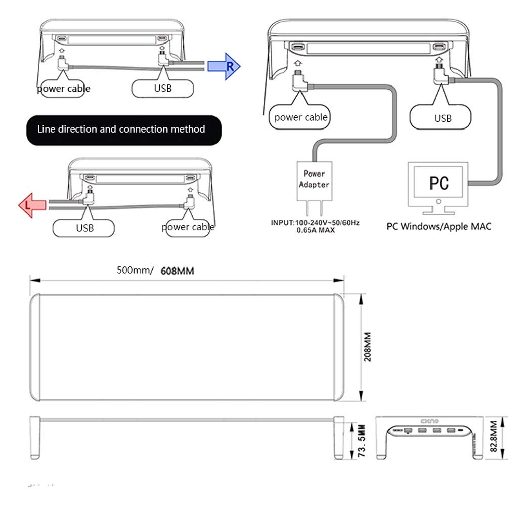 DLT Premium Tempered Glass Monitor Stand with ABS Frame - 60cm Adjustable Riser with USB 2.0 Hub (3 Ports + Fast Charging) - Includes 1.5m & 1.7m Power Cables - Black - Perfect for Home Office & Gaming Setup