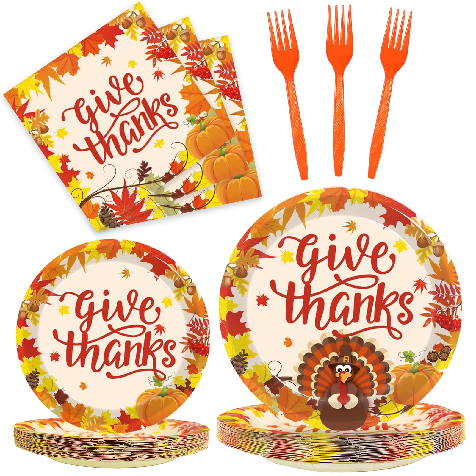 96 Pcs Fall Thanksgiving Party Supplies Set - Disposable Dinner Plates, Napkins with Pumpkin & Turkey Design - Perfect for Autumn Harvest, Thanksgiving Dinner, and Holiday Gatherings - Serves 24 Guests