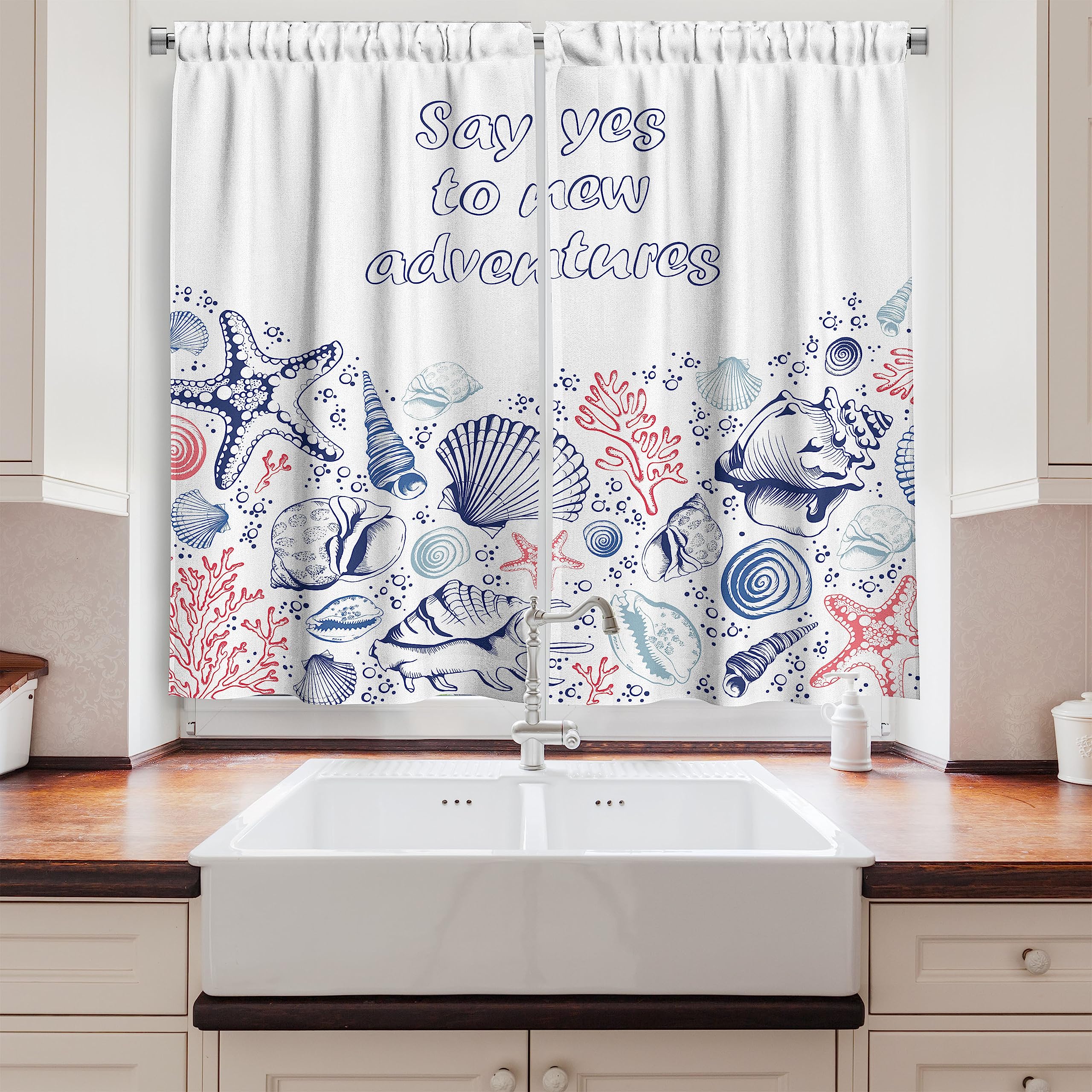 Ambesonne Adventure Long Kitchen Curtains - Underwater Marine Wildlife Theme with Seashells, Corals & Starfish - 2 Panel Rod Pocket Drapes for Coastal Beach Decor - 55